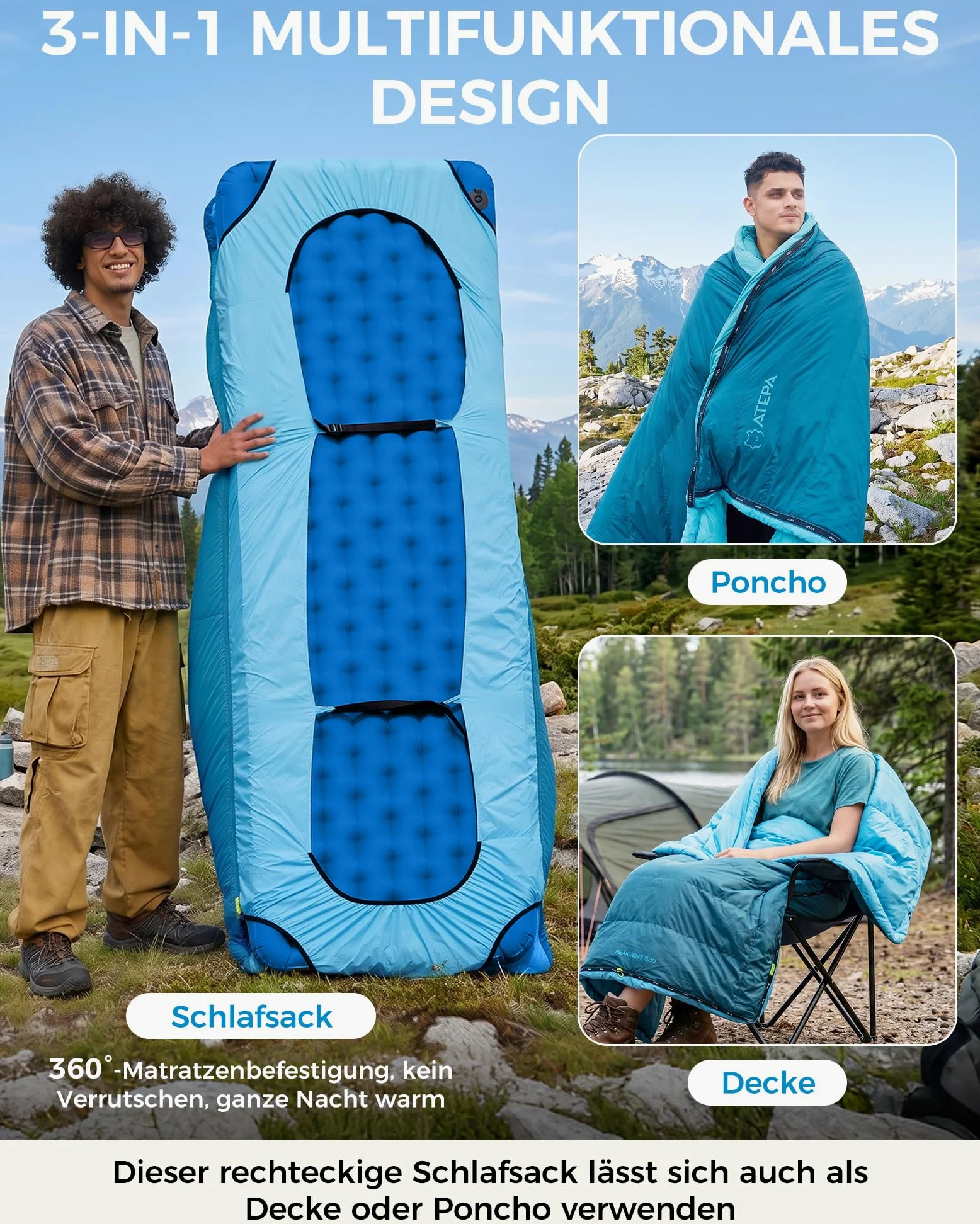 ATEPA Saco de dormir de invierno, 3 en 1, saco de dormir para exteriores, tamaño pequeño, XXL, 4 estaciones, cálido saco de dormir de plumón, impermeable, ideal para adultos en viajes, aventuras y