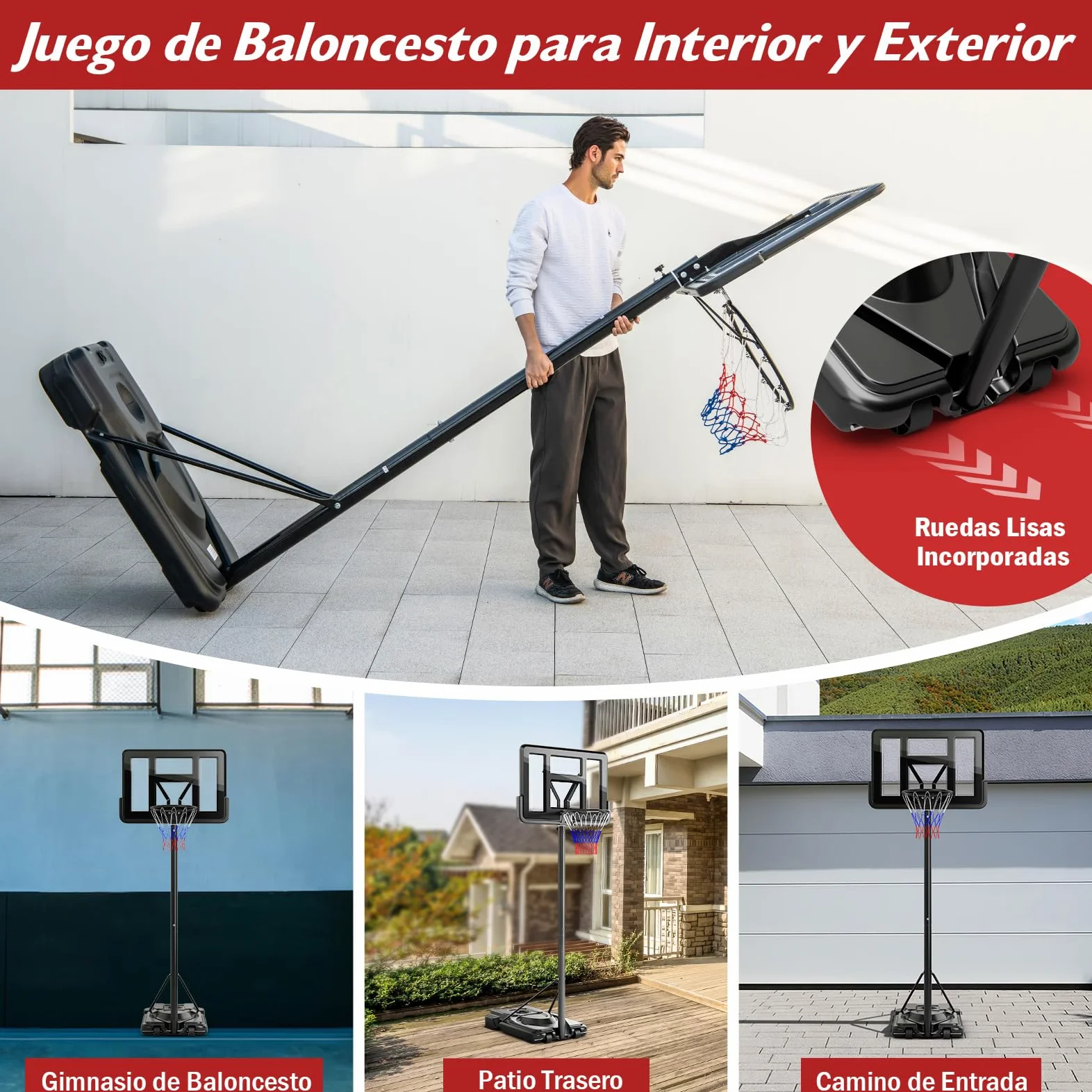 COSTWAY Canasta de Baloncesto Adultos, Altura Ajustable de 9 Niveles, 230-305cm, Aro Baloncesto Exterior con Ruedas, Canasta de Baloncesto Interior Exterior