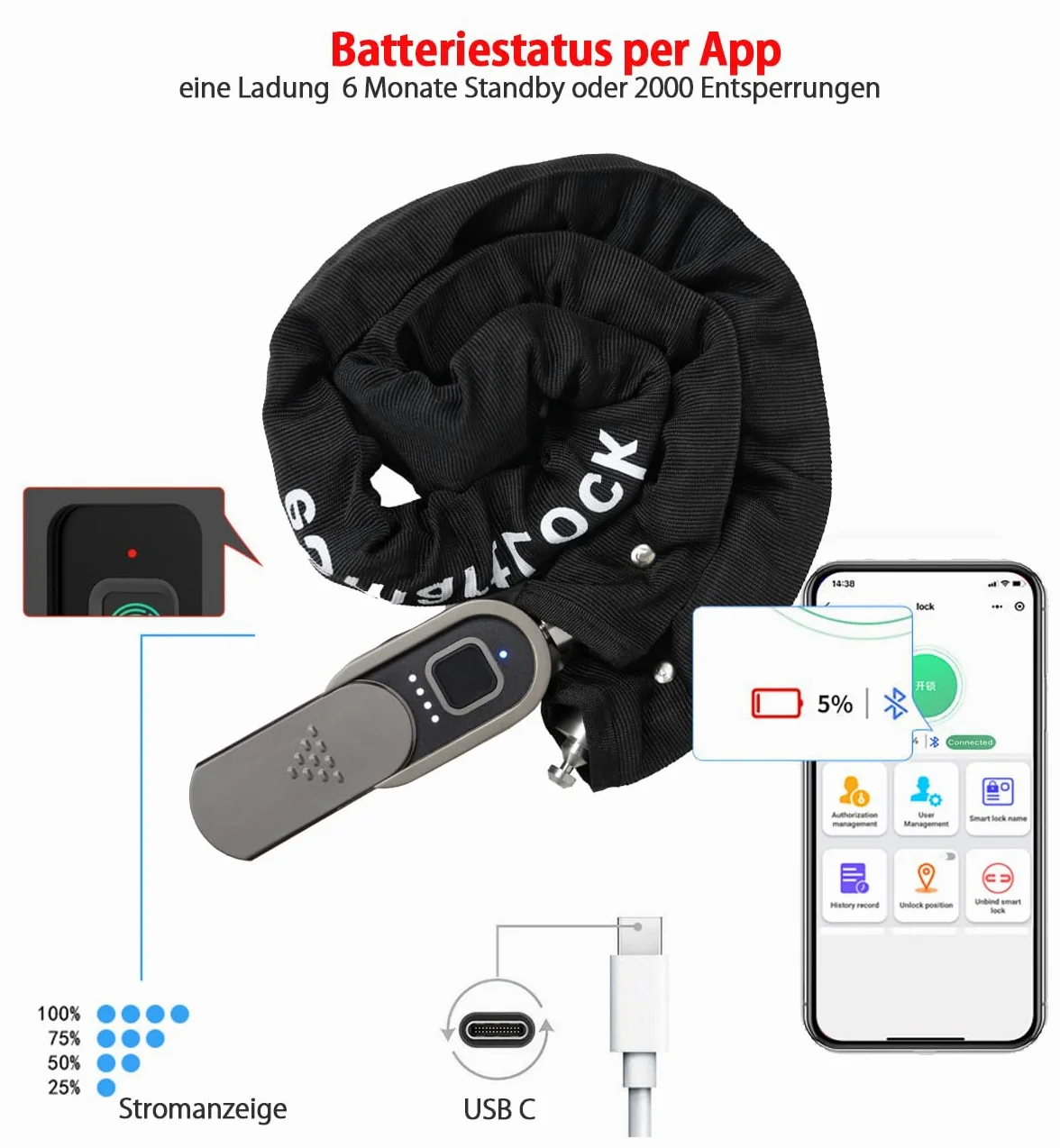 Candado de cadena para bicicleta con llave eLinkSmart impermeable Bluetooth App Bike Lock (100 cm de longitud 8 mm de diámetro) para bicicleta, scooter, moto, portón