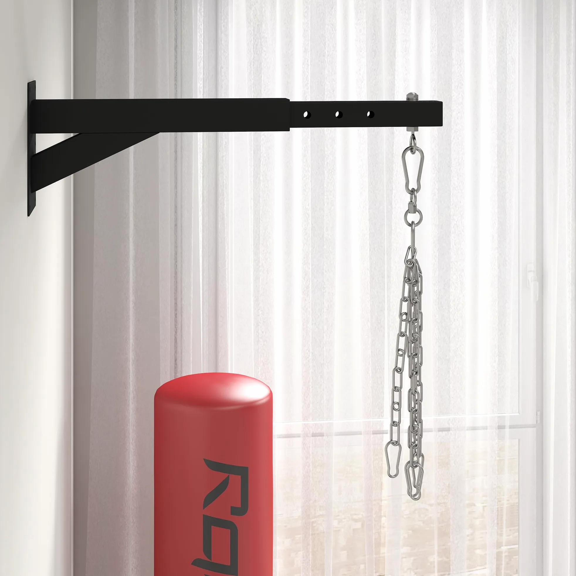 SPORTNOW Soporte Saco Boxeo de Pared, Distancia Ajustable 45-65 cm, Gancho Giratorio 360°, Cadenas, Carga 60 kg, Negro