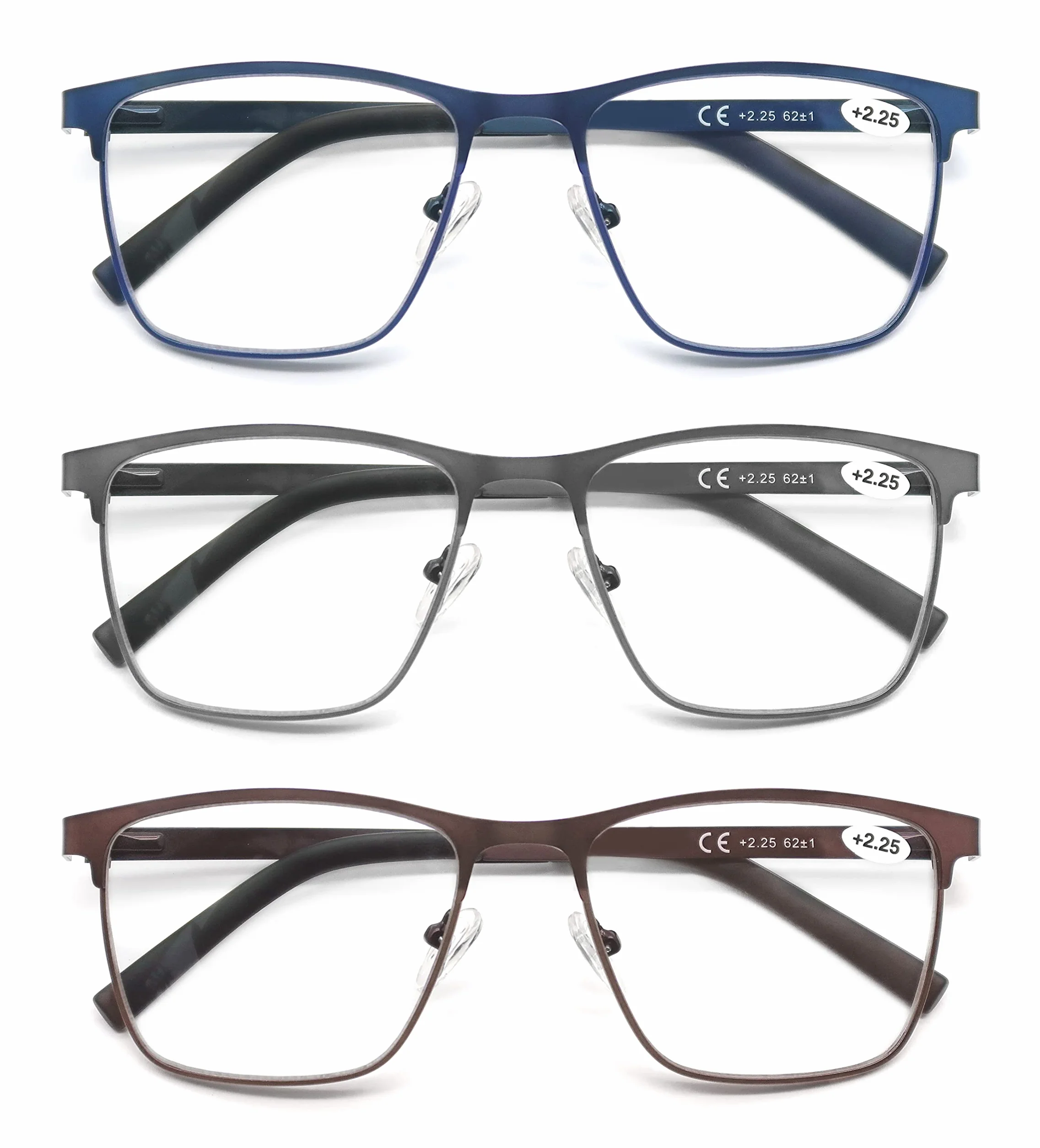 MODFANS Pack de 3 Gafas de Lectura Anti Luz Azul, Metal Acero Inoxidable, Lente Clara, Rectangular - Ligeras y Cómodas