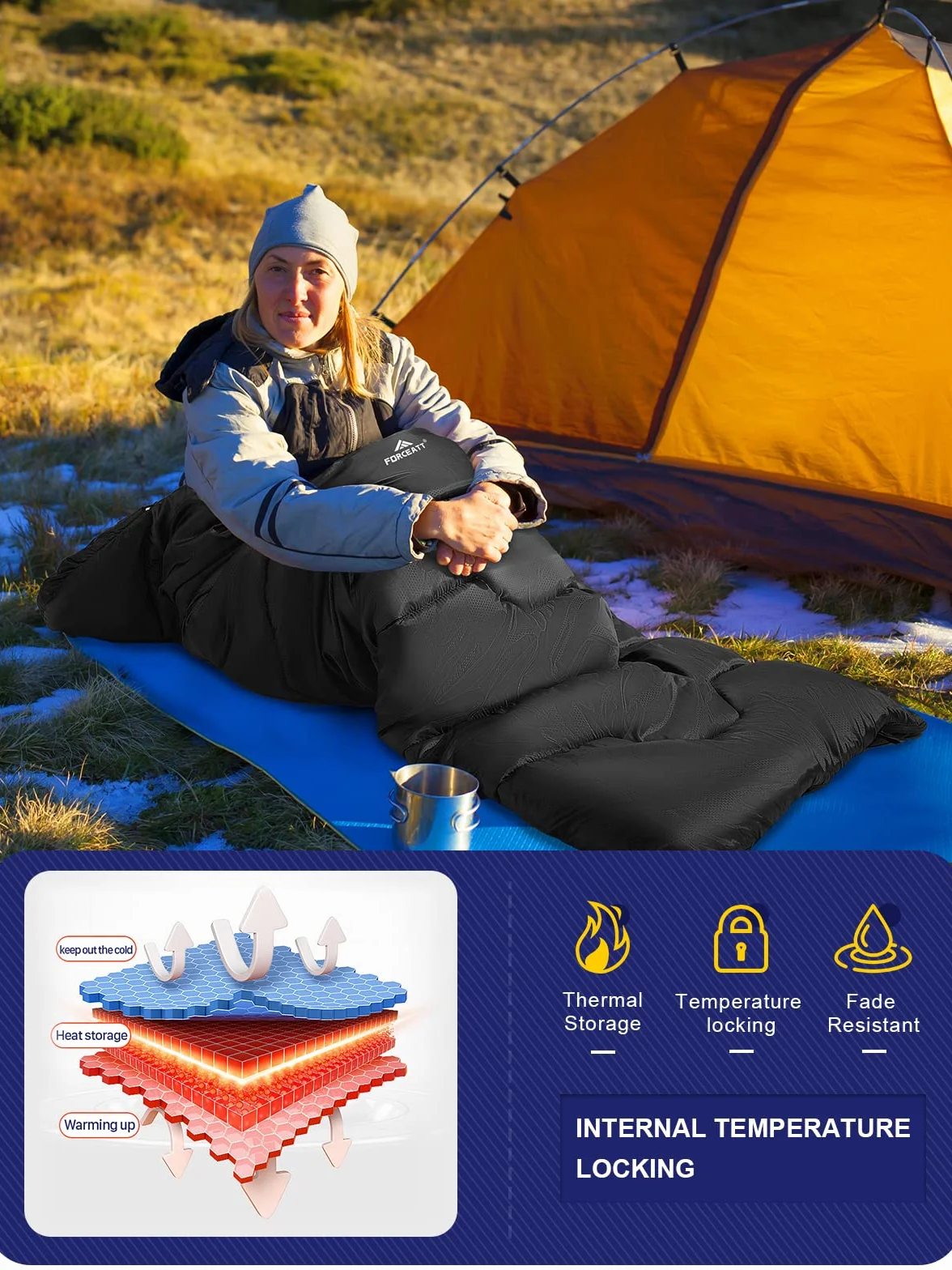 Forceatt Saco de Dormir para Adultos (210x80CM) -7~20°C Saco de Dormir Compacto 4 Estaciones, Saco de Dormir Invierno a Prueba de Agua y Desgarros,Lgrande para Camping y Senderismo.