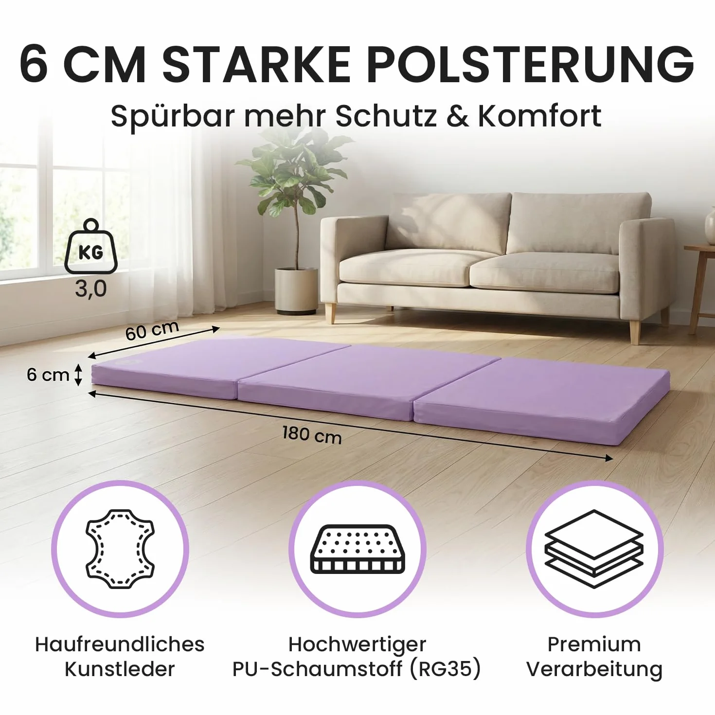 Jeflex - Colchoneta plegable Gimnasia 180 x 60 x 6 cm fabricada en Alemania / Esterilla de gimnasia / Colchoneta multifuncional y yoga / Esterilla de juego para habitación de los niños
