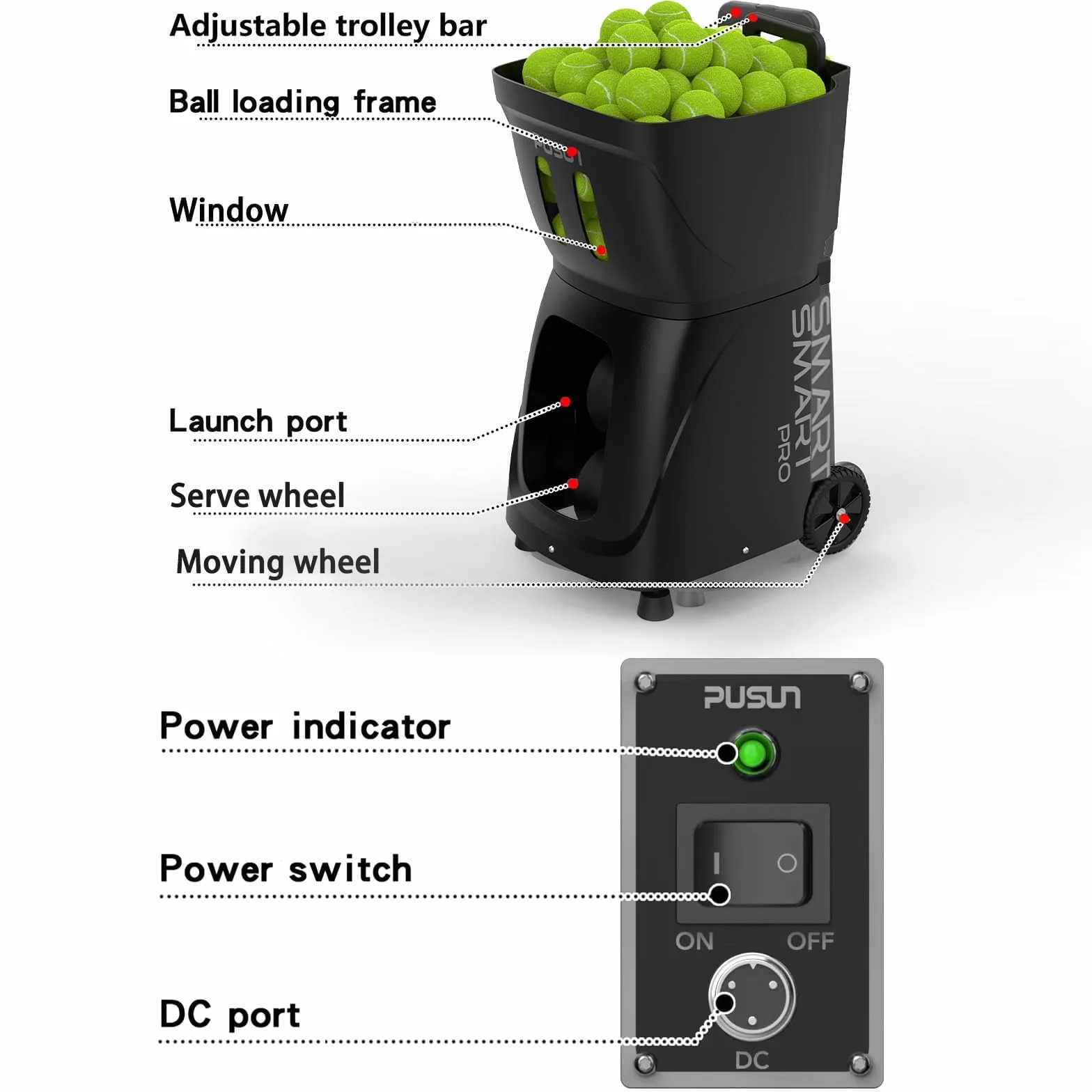 PUSUN PT-Smart Pro Máquina Lanzapelotas de Tenis Profesional Control App Remoto 12 Modos Entrenamiento 4-6 Horas Batería