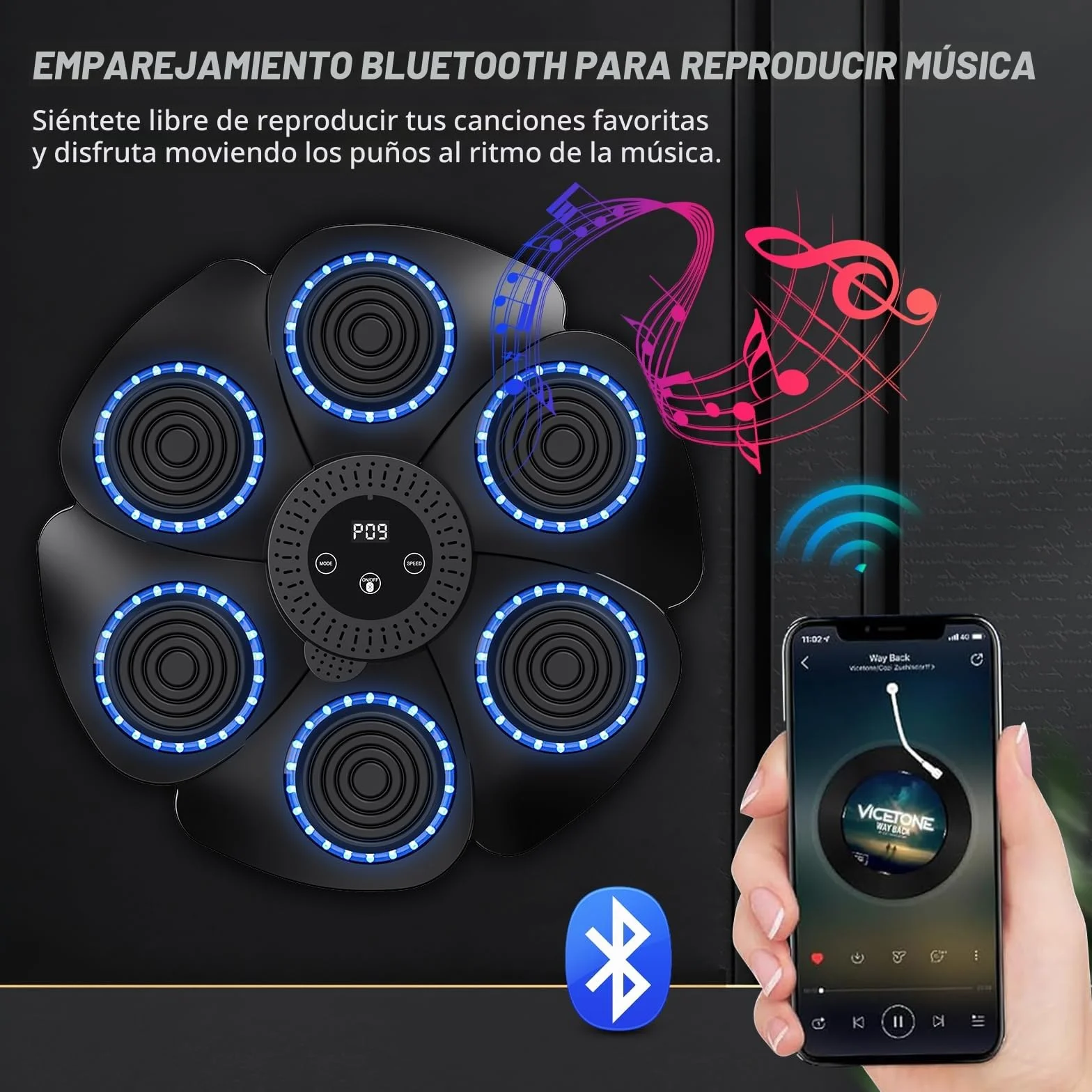 Máquina de boxeo musical Bluetooth inteligente montada en la pared con 9 modos de velocidad y contador para adultos y niños