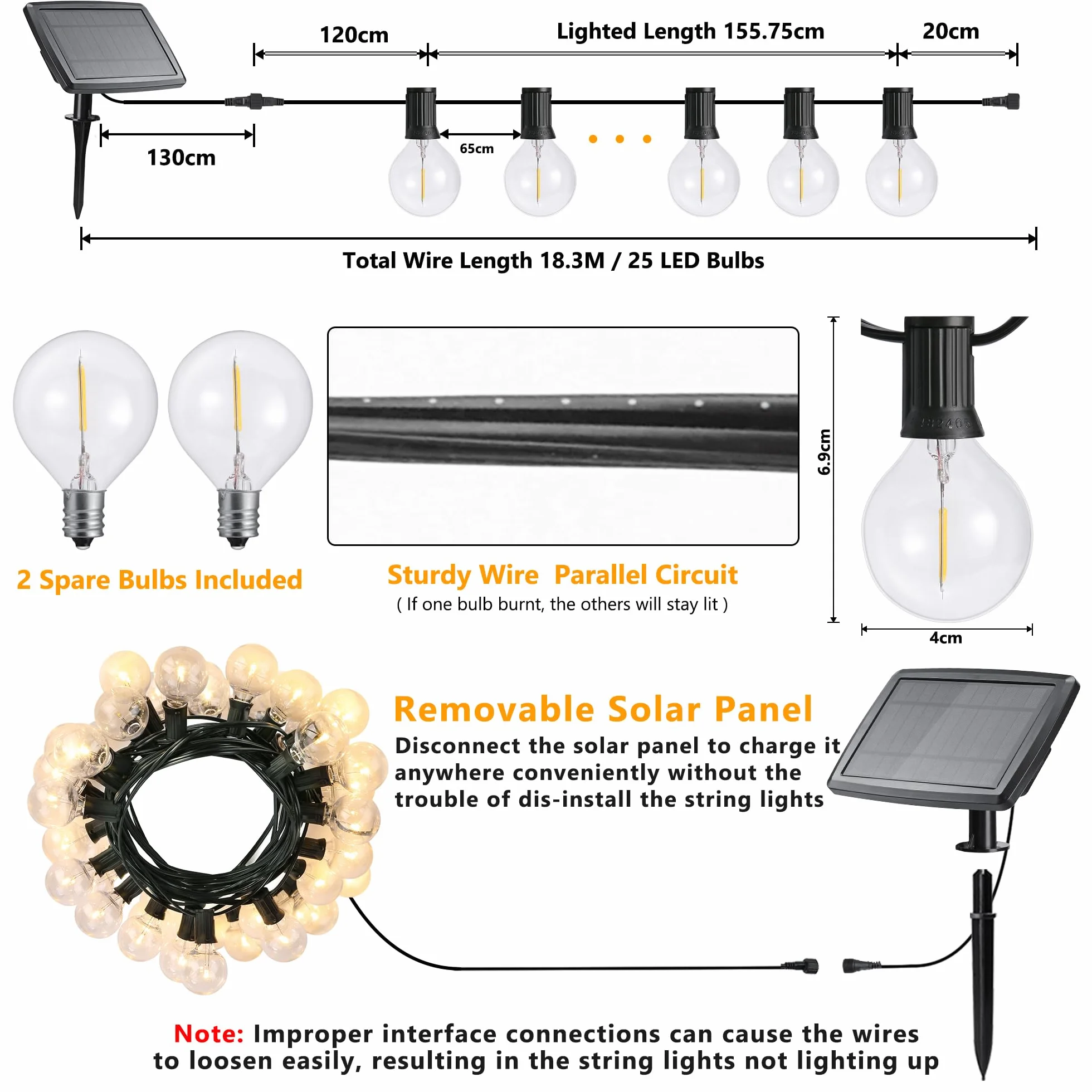 Joomer Luces Solares LED Exterior Jardin USB Recargable 15,6M Guirnaldas 25+2 G40 Bombillas 4 Modos Blanco Cálido Impermeable