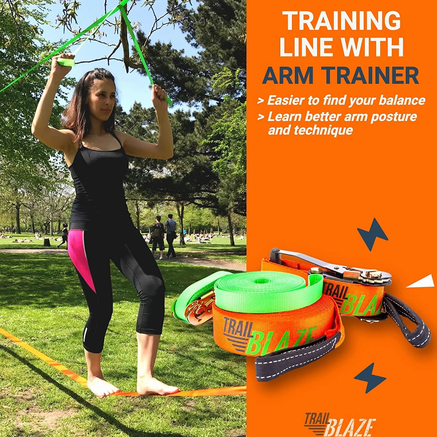 Slackline - Kit Completo para Principiantes, Correa de Aprendizaje Protectores, Bolsa de Transporte, última tecnología de trinquete y Mango ergonómicos, Actividad al Aire Libre