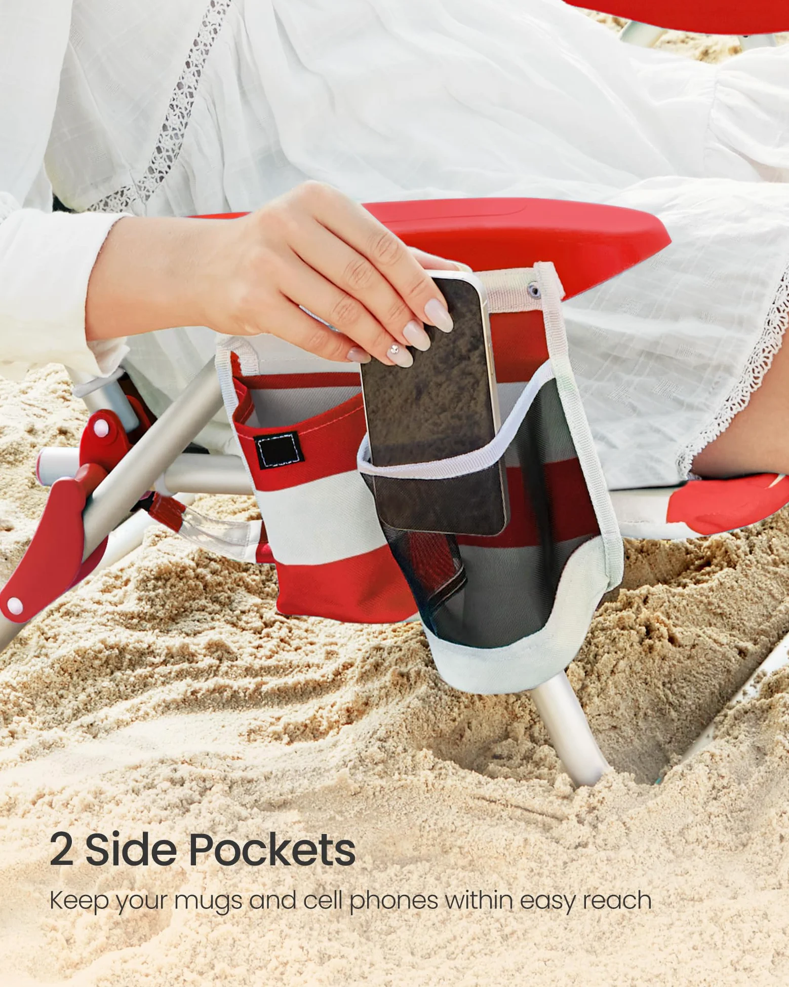 SONGMICS Silla de playa, silla de camping plegable, silla portátil para exteriores, capacidad de 332 libras, llevar como mochila, con respaldo ajustable, reposacabezas, reposabrazos, 2 bolsillos