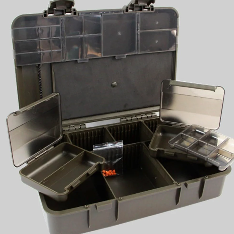 Caja de aparejos de pesca, caja de almacenamiento de pesca de carpa, caja de aparejo 2+1 con compartimentos, escala para hacer aparejos, juego de ABS verde para pescadores al aire libre