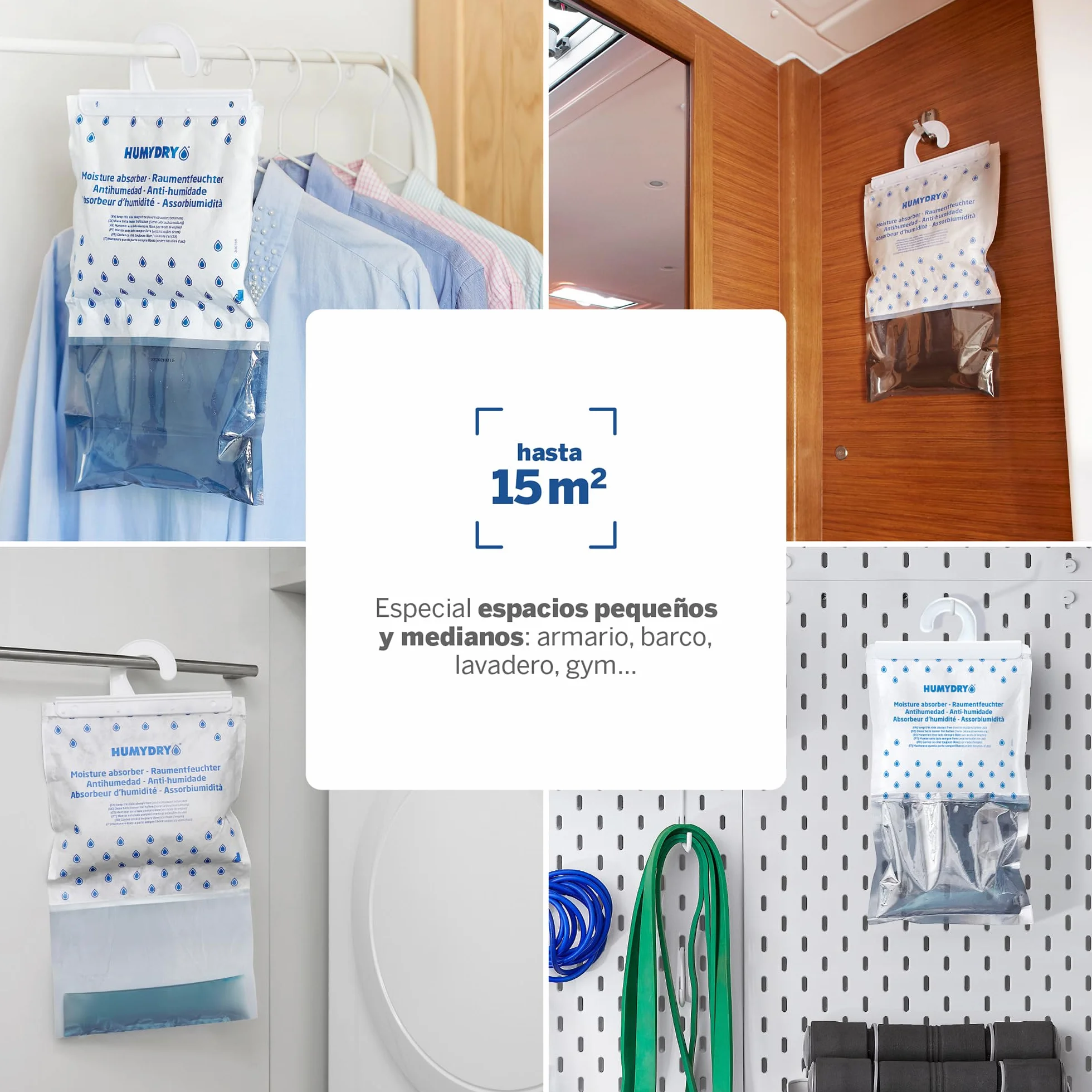 Bolsas antihumedad Percha Humydry 3x450g Absorbe Humedad Armarios 15 m2 Fragancia Neutro