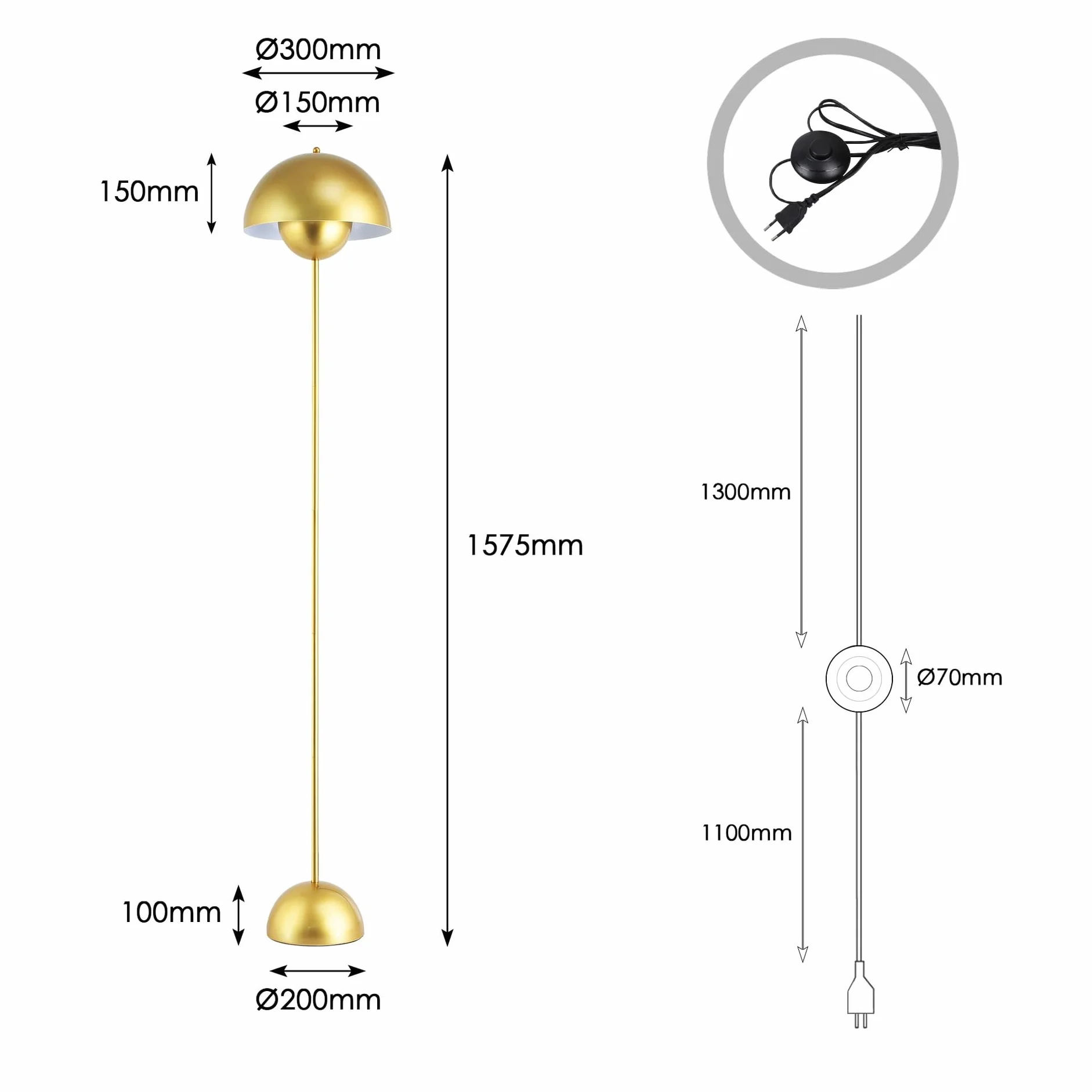 Alpinaluz Lámpara de Pie Dorada Aluminio Pantalla Forma Parabólica Abovedada E27 Estilo Clásico Moderno Nórdico para Salón Comedor