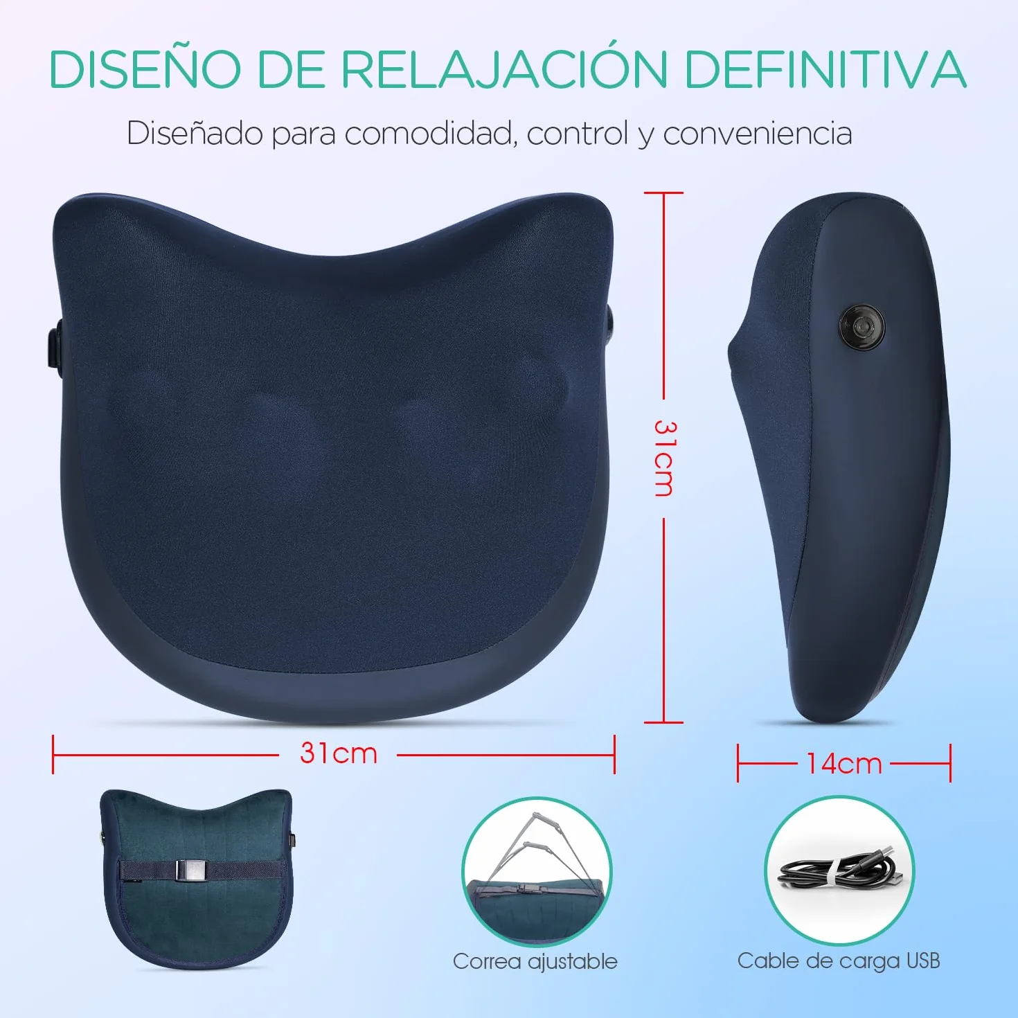 Cojín Masajeador Shiatsu Inalámbrico Recargable Cervical y Espalda Alivio Dolor Masaje Profundo Silencioso YZ300 Azul
