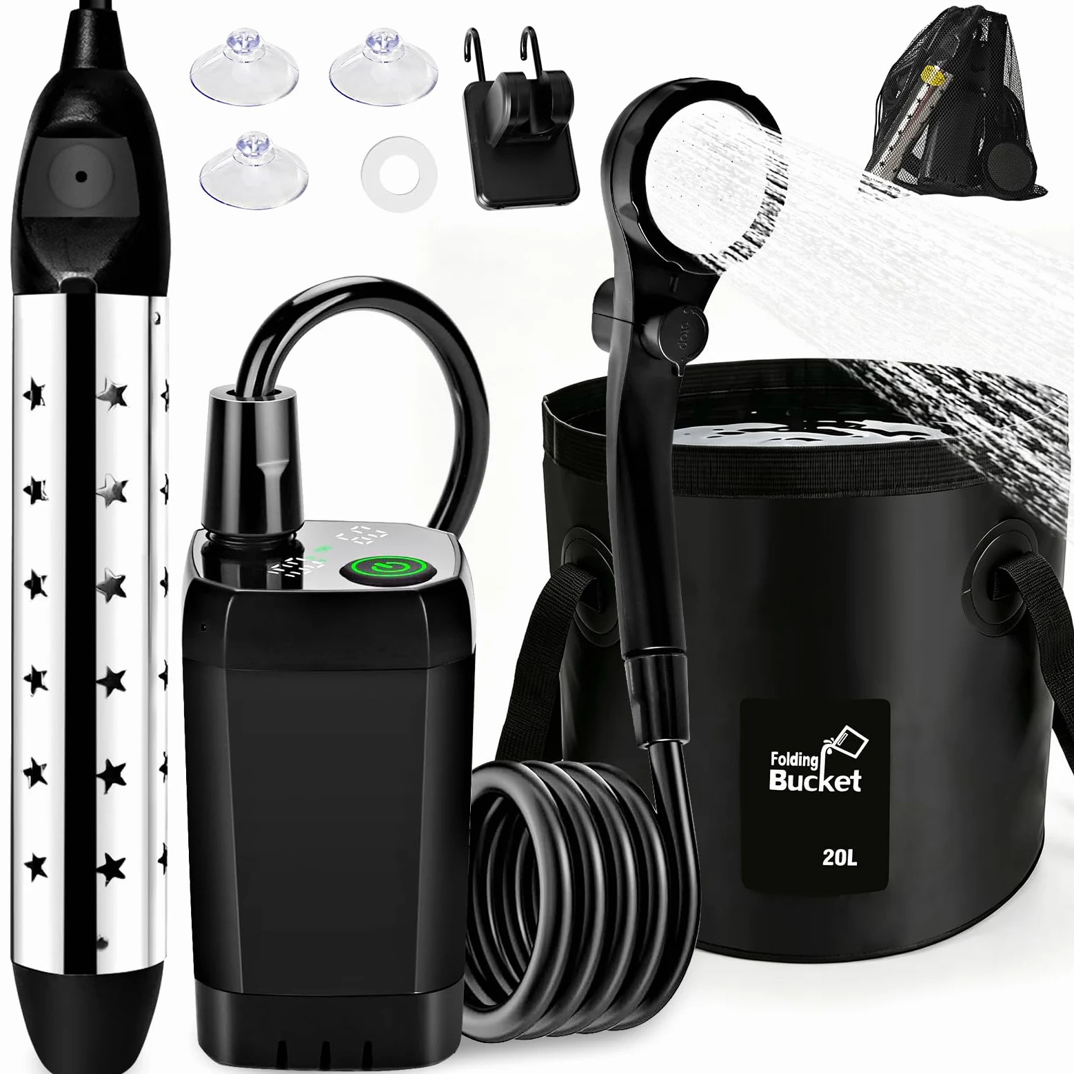 Ducha portátil de camping con bomba, 6000 mAh, ducha de camping con función de calefacción y cubo plegable de 20 l, batería de ducha de camping con indicador de temperatura para viajes al