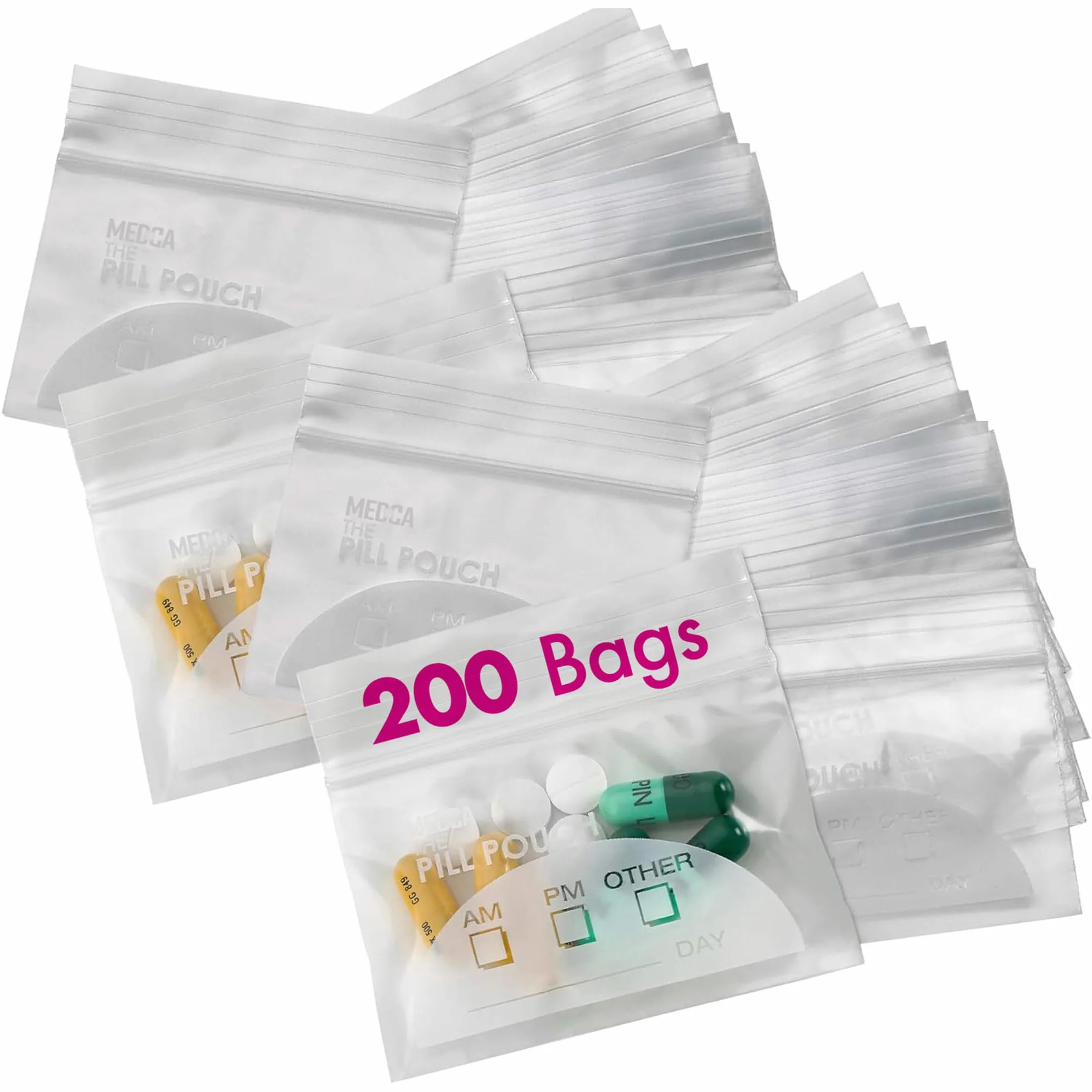 Pastilleros Bolsas de 200 Paquete 3 x 2.75 Pulgadas sin BPA Polietileno Cremallera Organizador Diario Medicamentos AM PM Almacenamiento