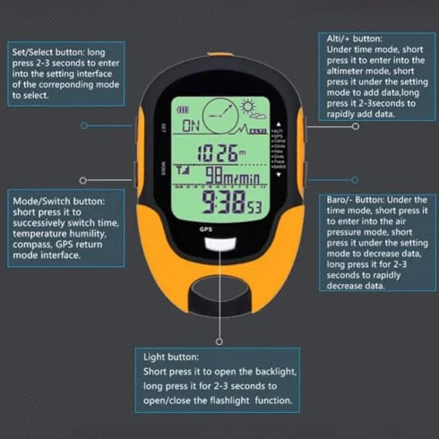 Keenso Altímetro electrónico GPS para Exteriores, FR510 ABS IPX4 Grado Impermeable Medidor de altitud para navegación al Aire Temperatura Humedad Brújula GPS Altímetro electrónico