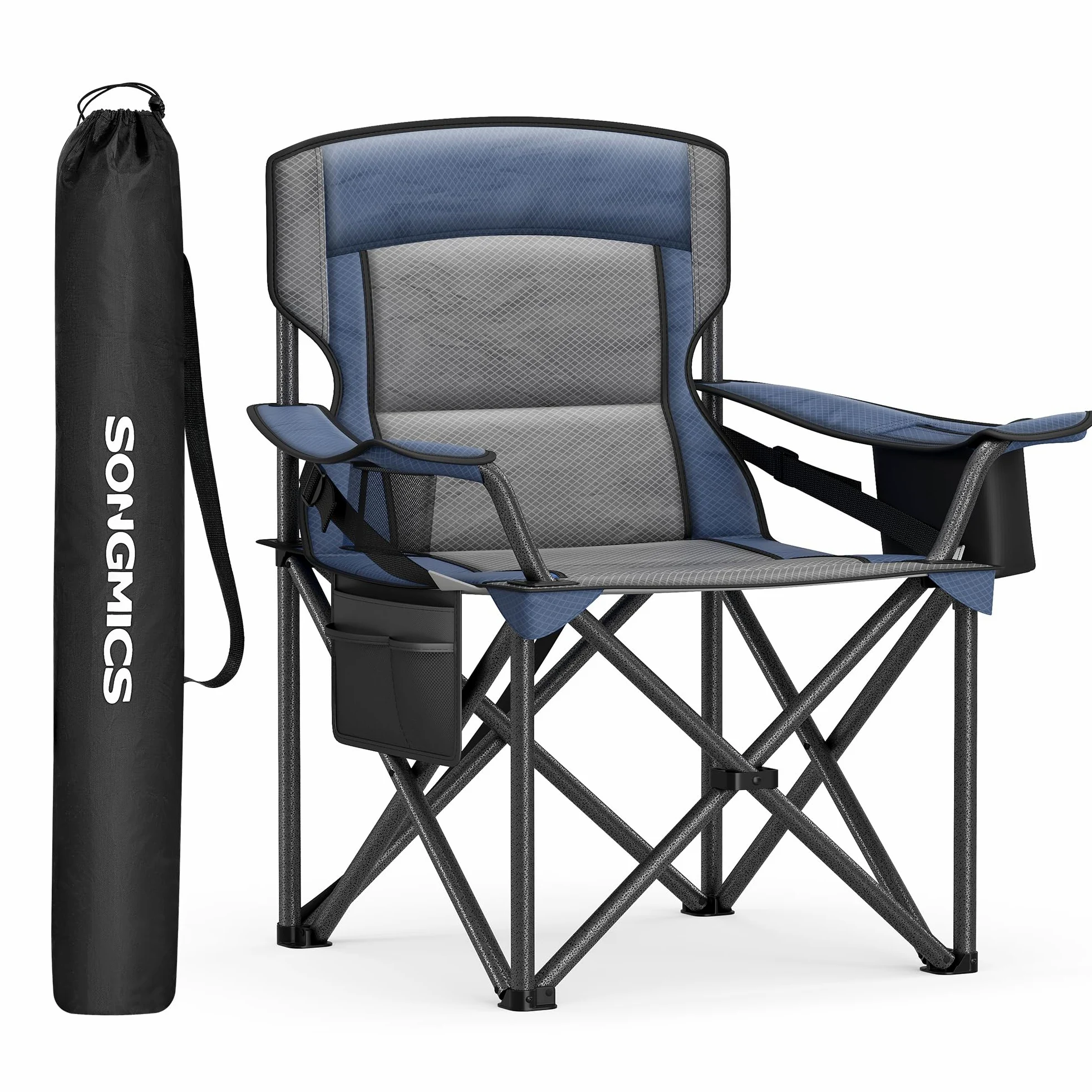 SONGMICS Silla de Camping Extragrande y Acolchada, Cómoda Plegable para Exteriores, Soporte Lumbar, Bolsa Térmica, Carga 205 kg, Azul Marino GCB066Q01