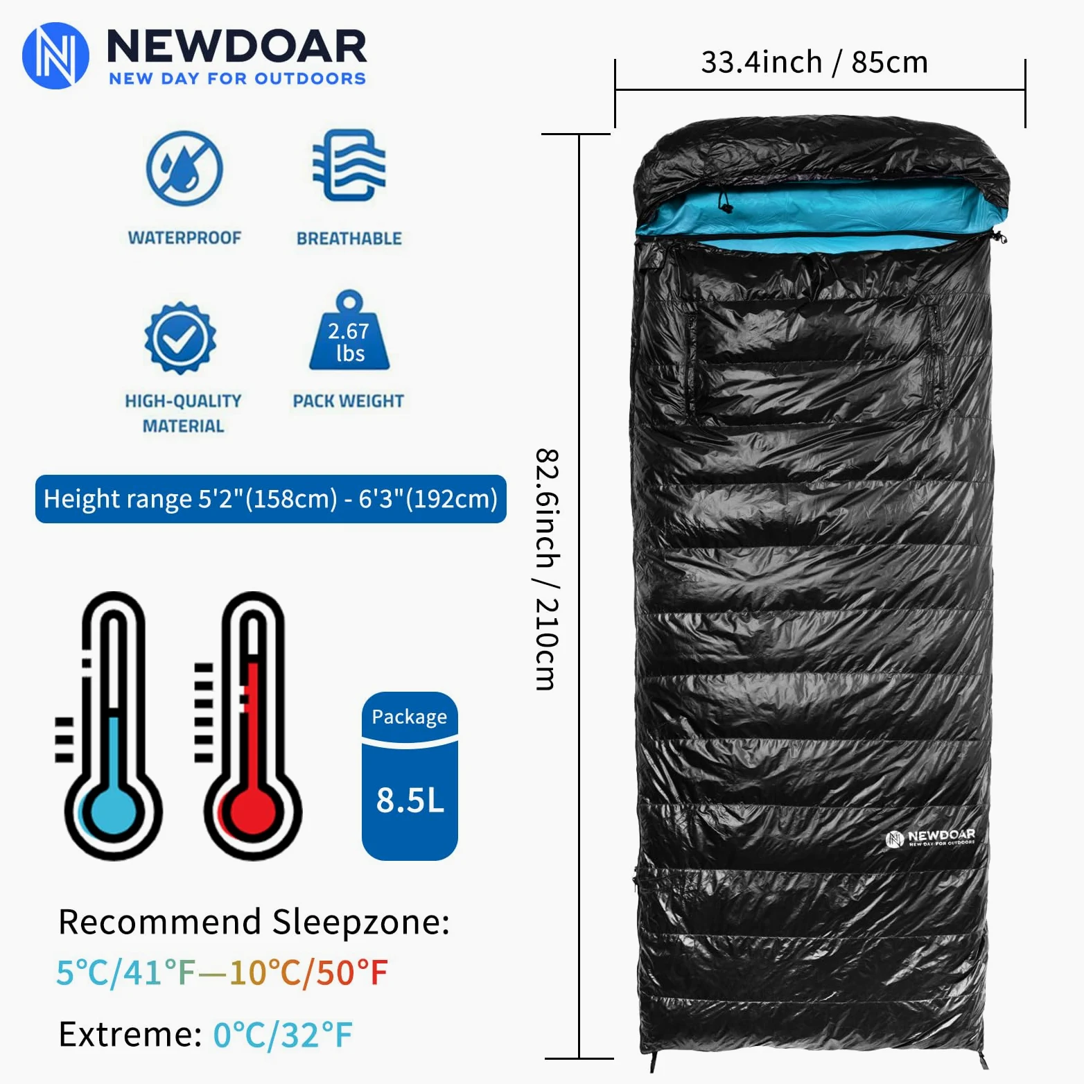 NewDoar Saco de dormir ultraligero para camping, 800 FP, plumón de pato blanco, ultra compacto, forma de momia, primavera, verano, otoño, senderismo y tienda de campaña (ponible)