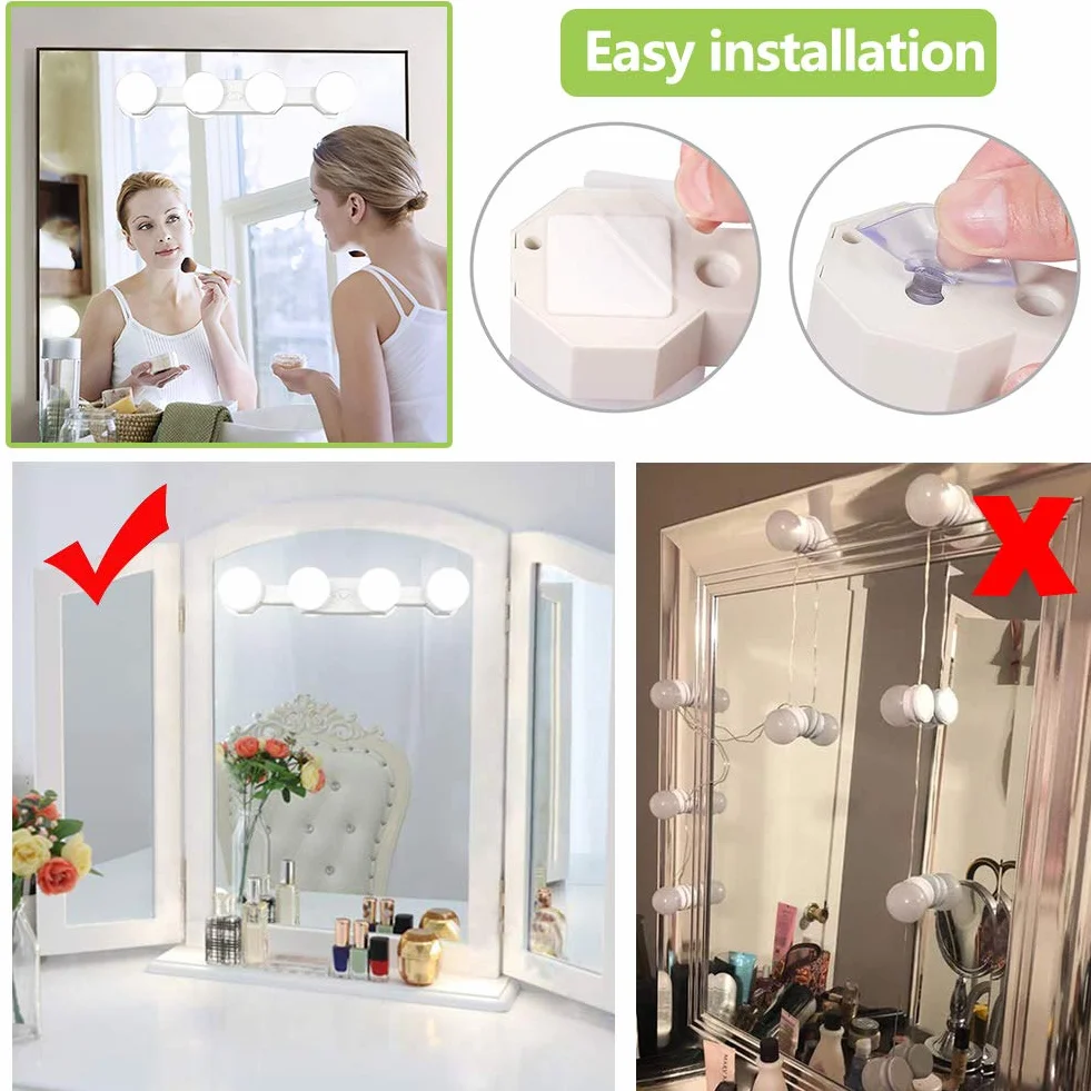 Luces para Espejo de Maquillaje LED Tocador Recargable, 4 Bombillas Regulables Temperatura de Color