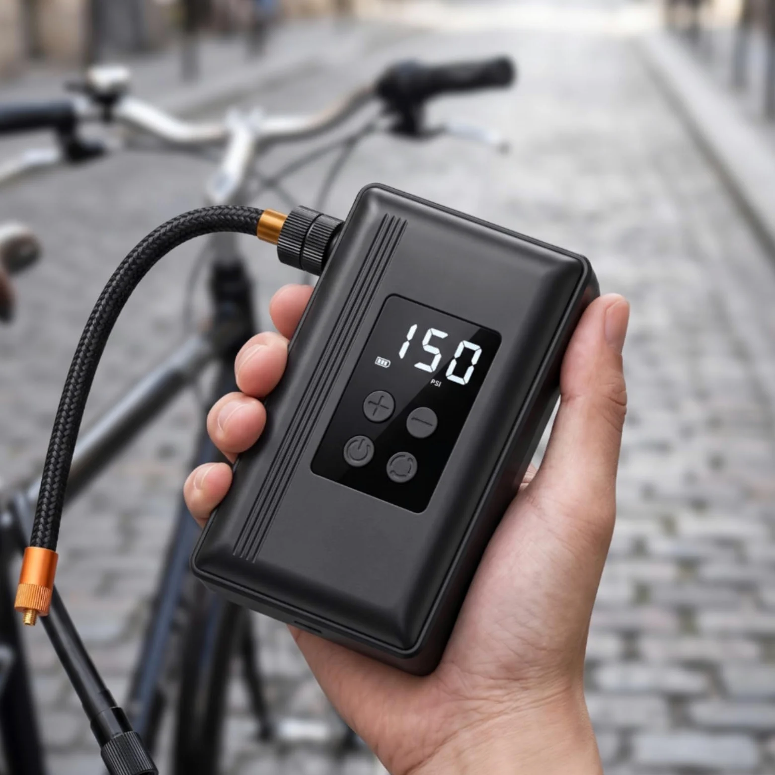 Bomba de Aire para Bicicleta Inflador Eléctrico Portátil Compresor Inalámbrico con Batería Recargable Pantalla Digital y Boquillas para Balón
