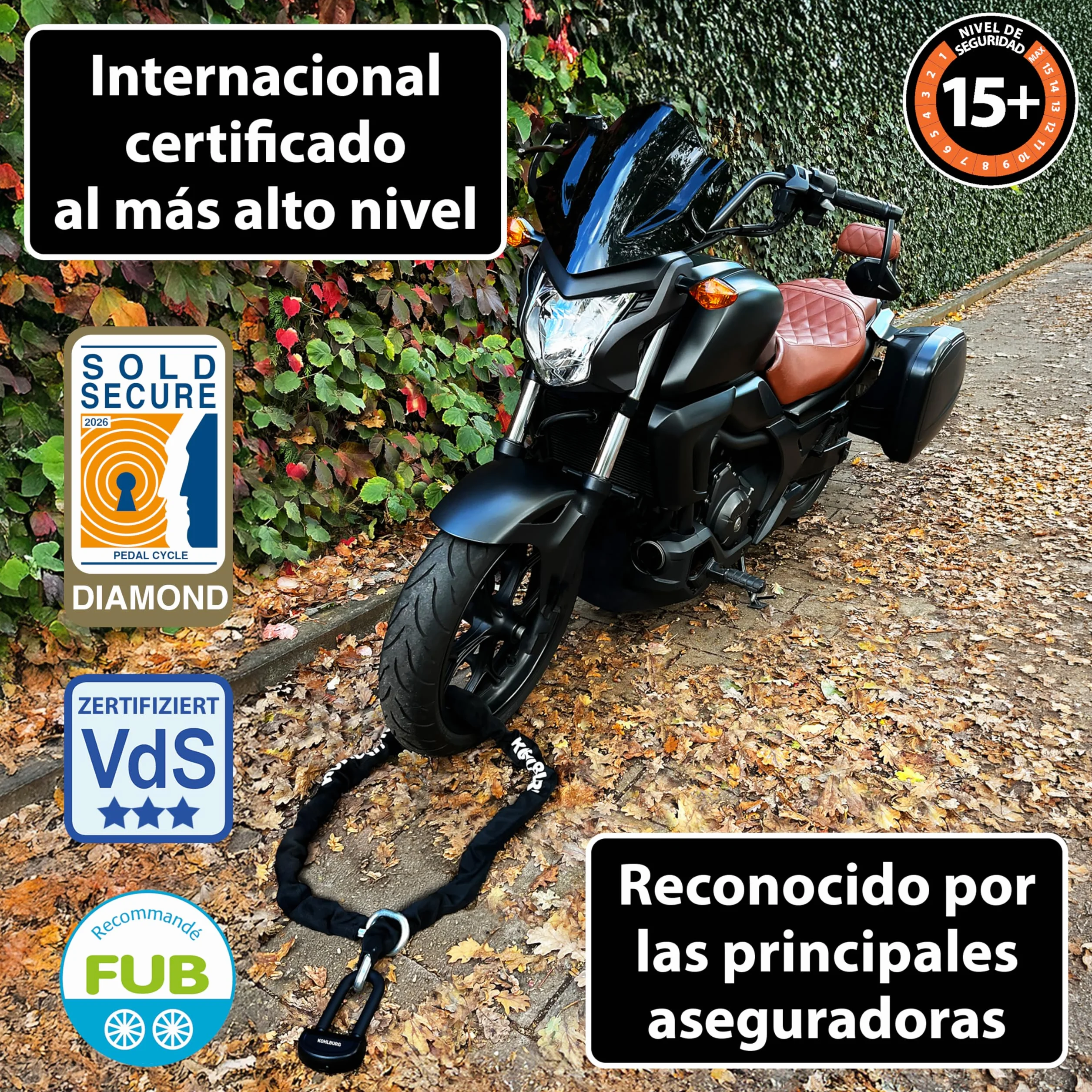 KOHLBURG antirrobo de cadena macizo para moto 8kg, 210 cm de longitud con nuestro nivel de seguridad más alto 15+ de 15, cadena de acero de 13 mm super robusta como candado para moto, scooter y e-bike