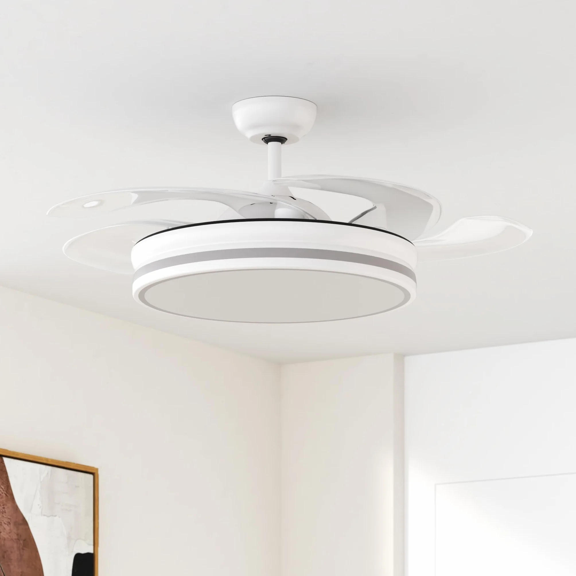 Bilake Ventilador de Techo Aspas Retráctiles Luz LED Motor DC Silencioso Bluetooth Mando Invierno Verano 108cm 50W 6200lm Blanco