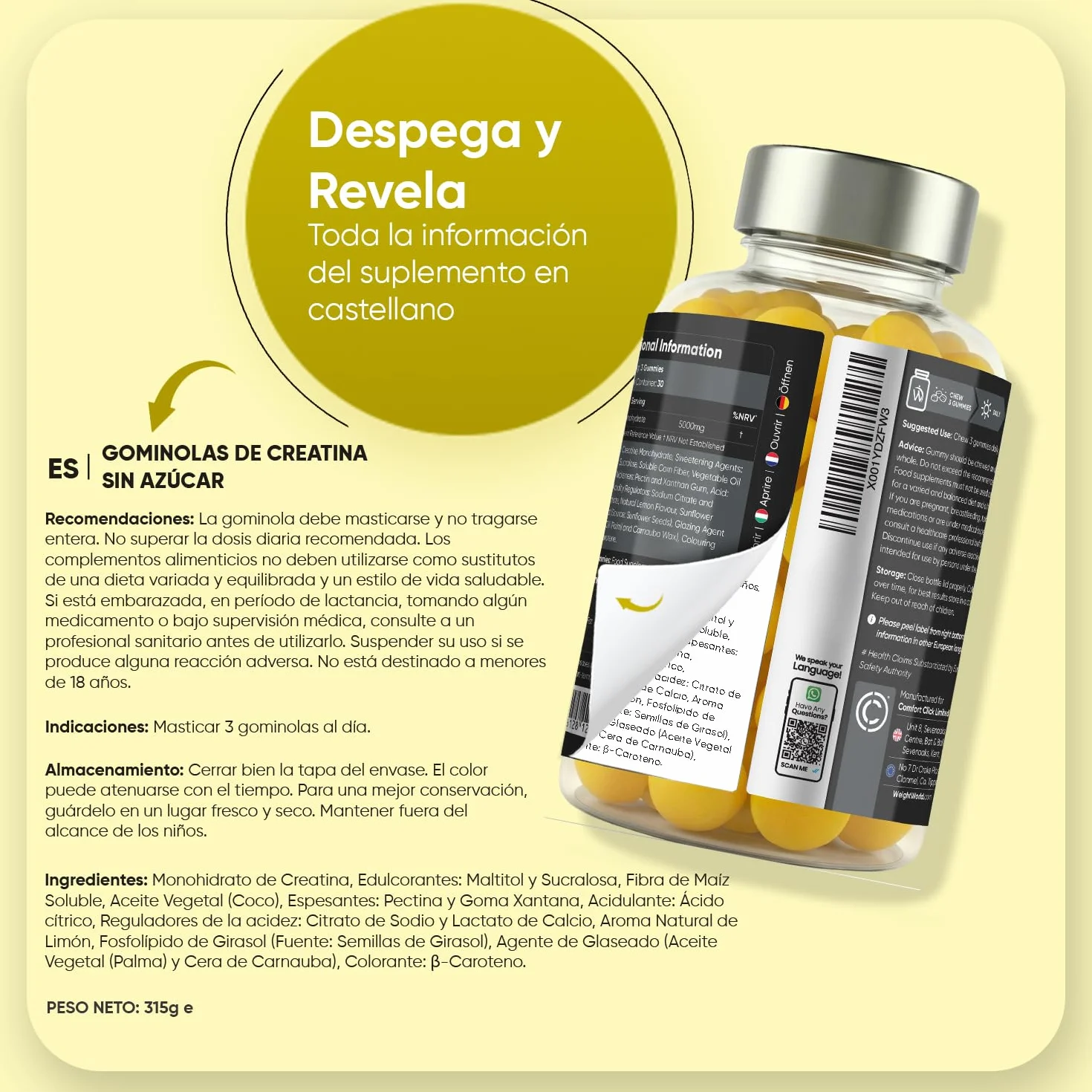 Gominolas de Creatina Monohidratada 5000mg - Gomitas Pre Entreno Sabor Limón - Suplemento para el Gym Sin Azúcar