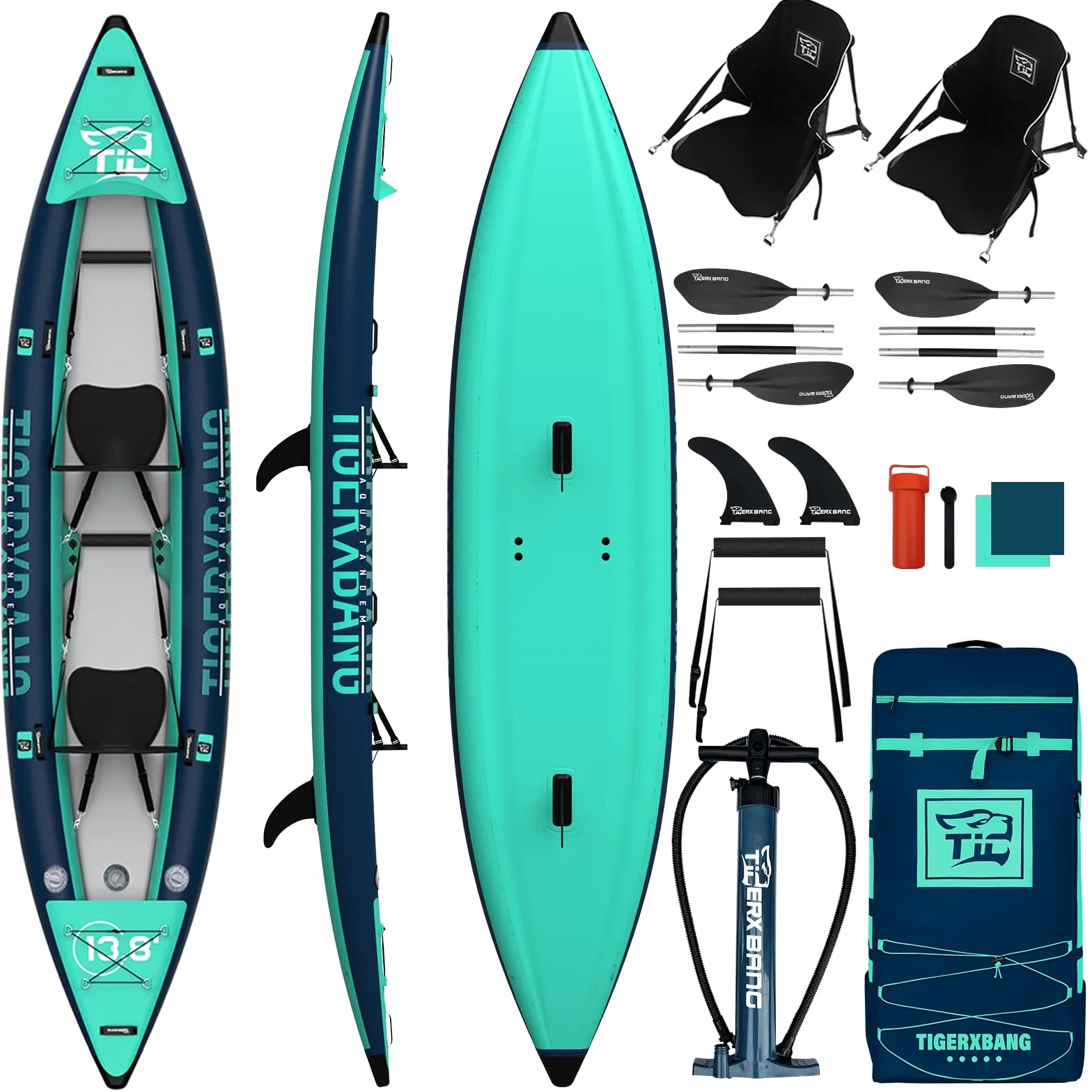 TIGERXBANG Kayak inflable para 2 personas, kayak de turismo de 420 cm para adultos y niños con asiento extraíble, paletas dobles, reposapiés, bomba de mano y accesorios