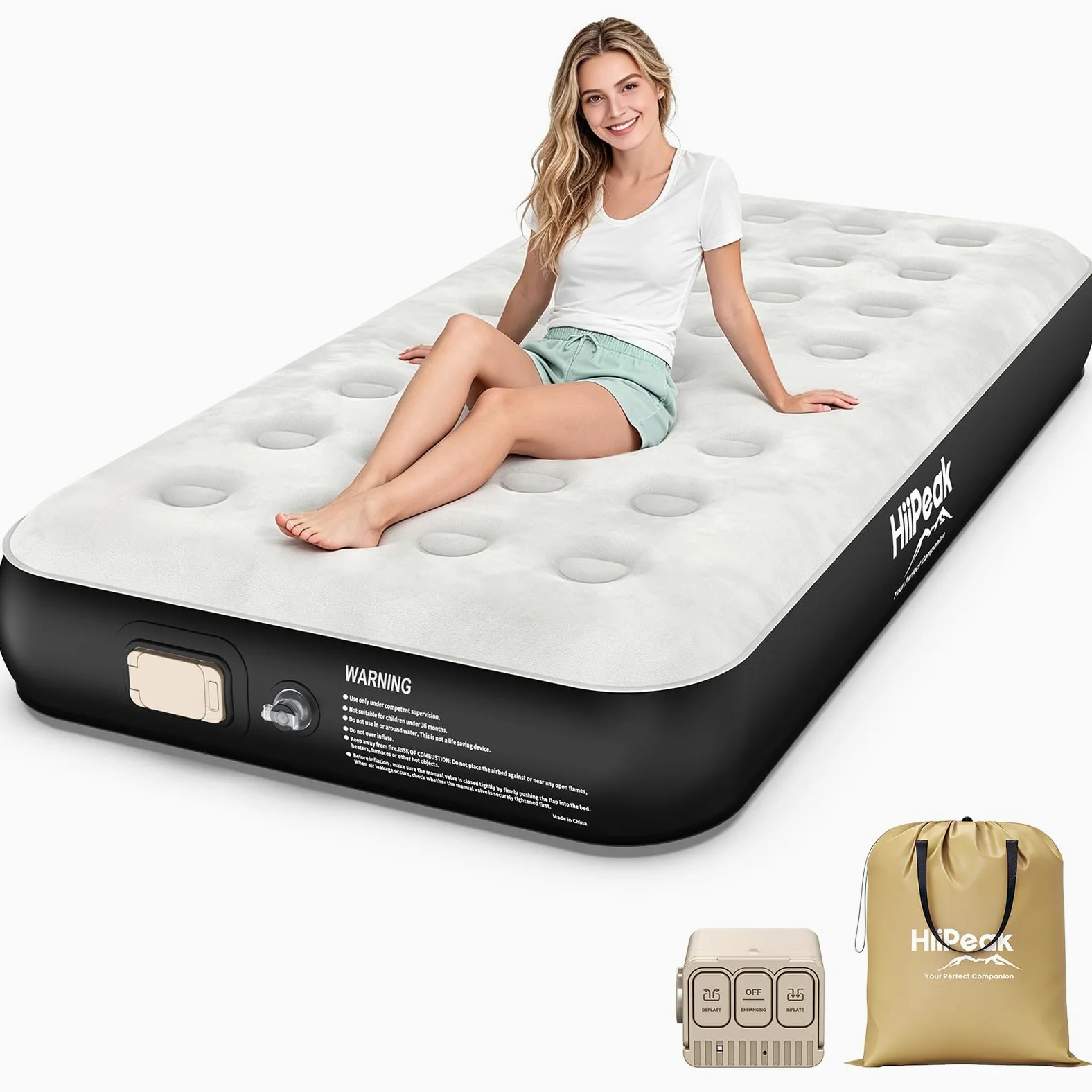 HiiPeak Colchón de aire individual de lujo con bomba integrada, cubrecolchón de gamuza suave para una comodidad superior, colchón inflable, cama de aire portátil para camping, invitados y hogar