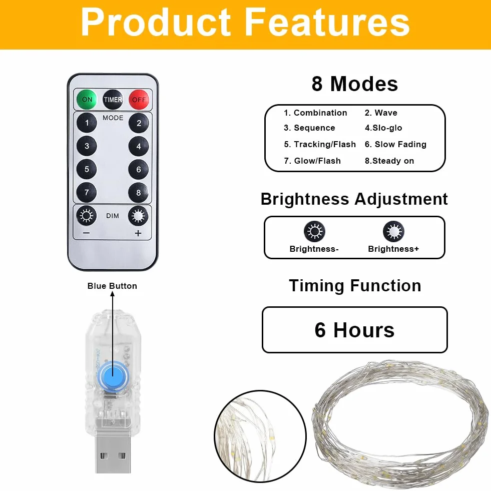 Vicloon Cadena de luces LED USB 10 m 100 LED 2 unidades mando a distancia 8 modos temporizador