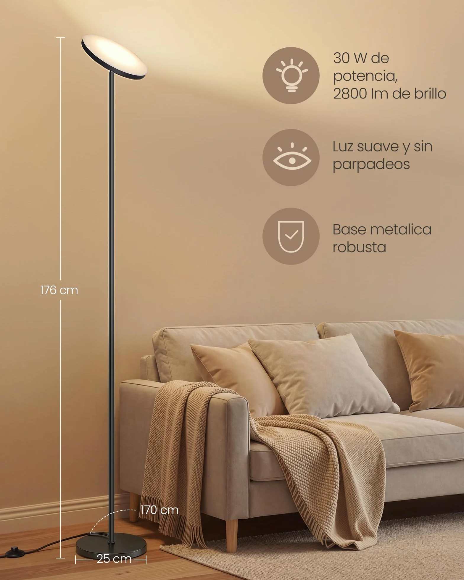 VASAGLE Lámpara de Pie LED 30 W Cabezal Orientable Negro Mate LFL018BD02