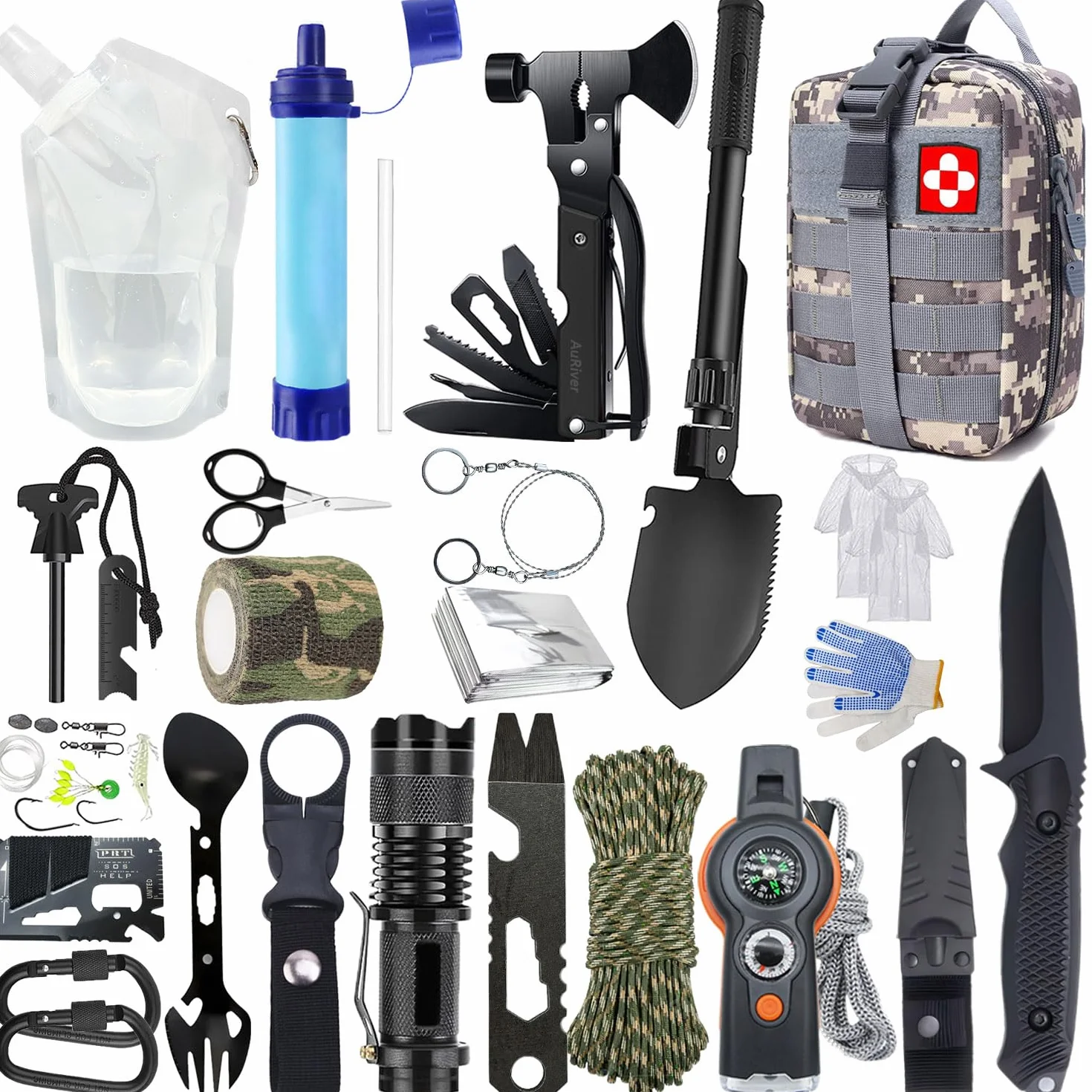 Kit de Supervivencia 22 en 1, Emergencia Exteriores con Filtro de Agua, Bolsa Camping Senderismo Camuflaje