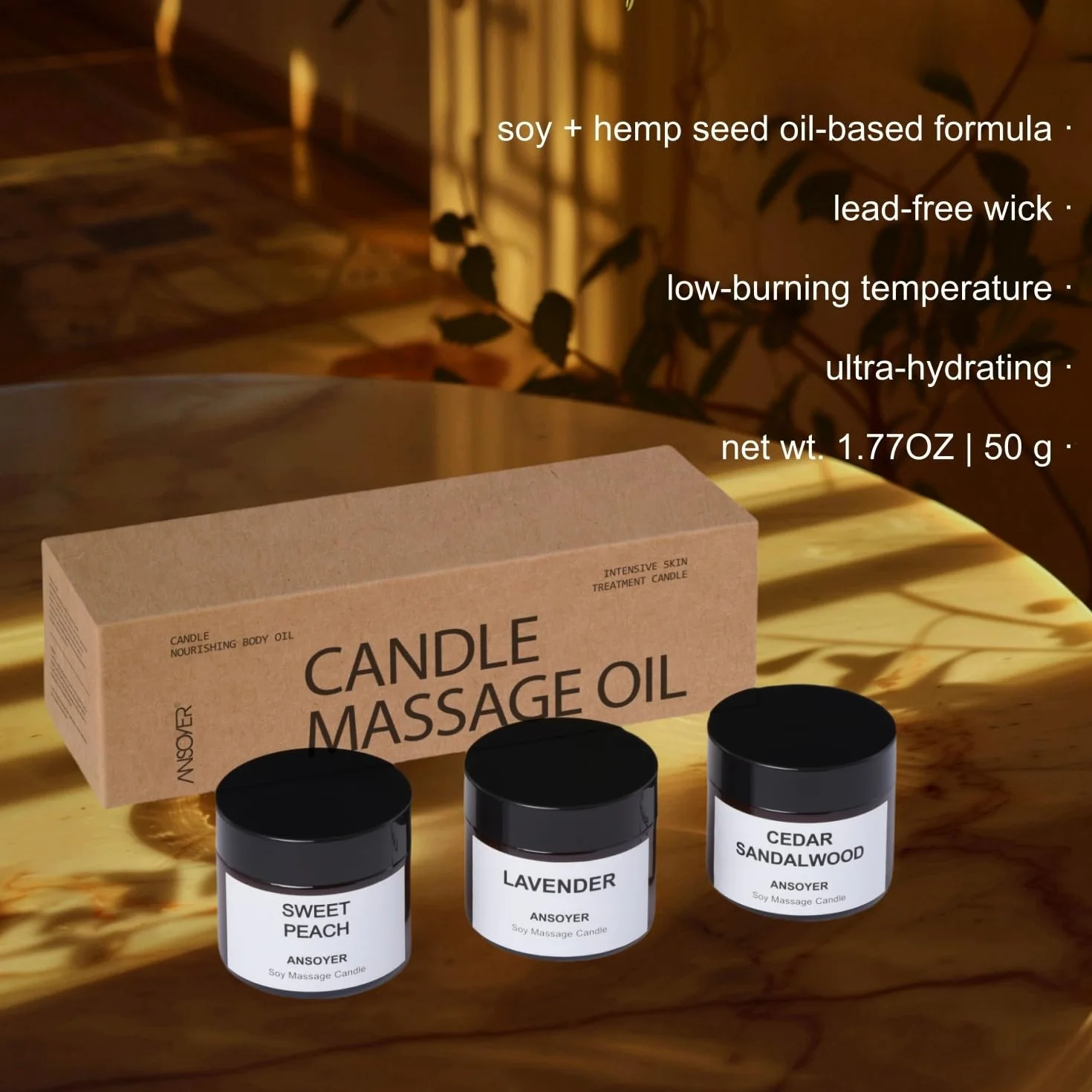 Set de 3 Velas de Masaje Aromático 150g: Aceite Corporal de Baja Temperatura para Relajación y Aromaterapia
