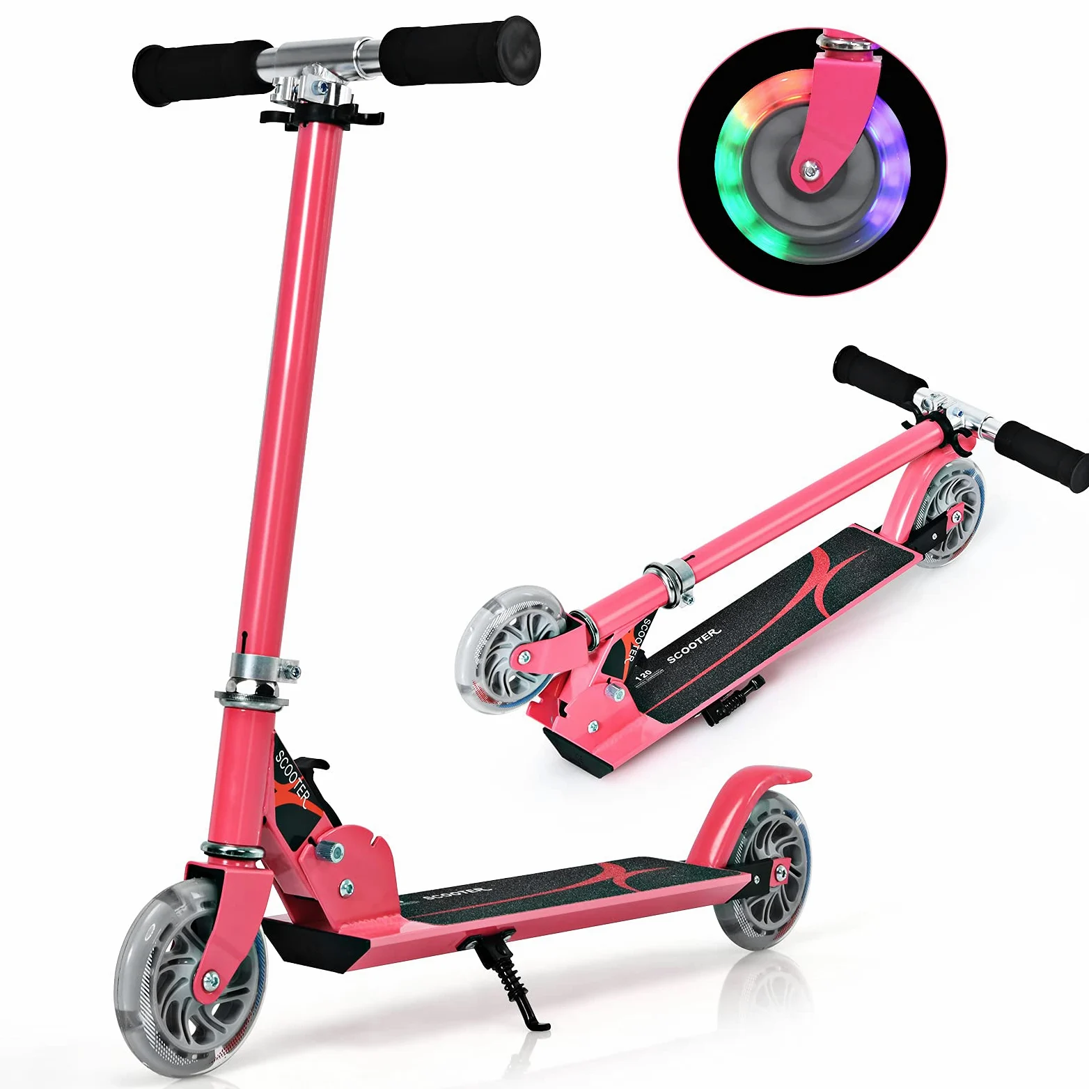 COSTWAY Patinete Niño 4-13 Años Scooter Plegable con Ruedas LED Altura Ajustable hasta 70kg Rosa