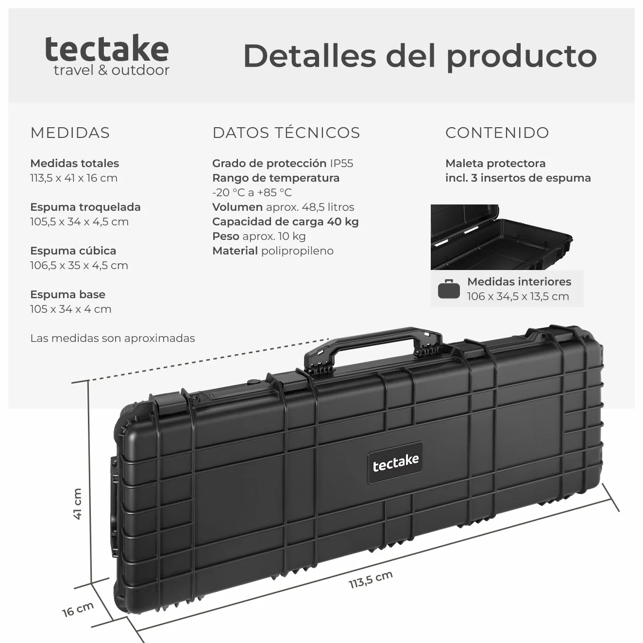 tectake® Caja de Armas largas, Maletin para Rifle, Armas, Carcasa Rígida, Airsoft Armas, Caza, Escopeta de Perdigones, Carabina, Francotirador - Negro
