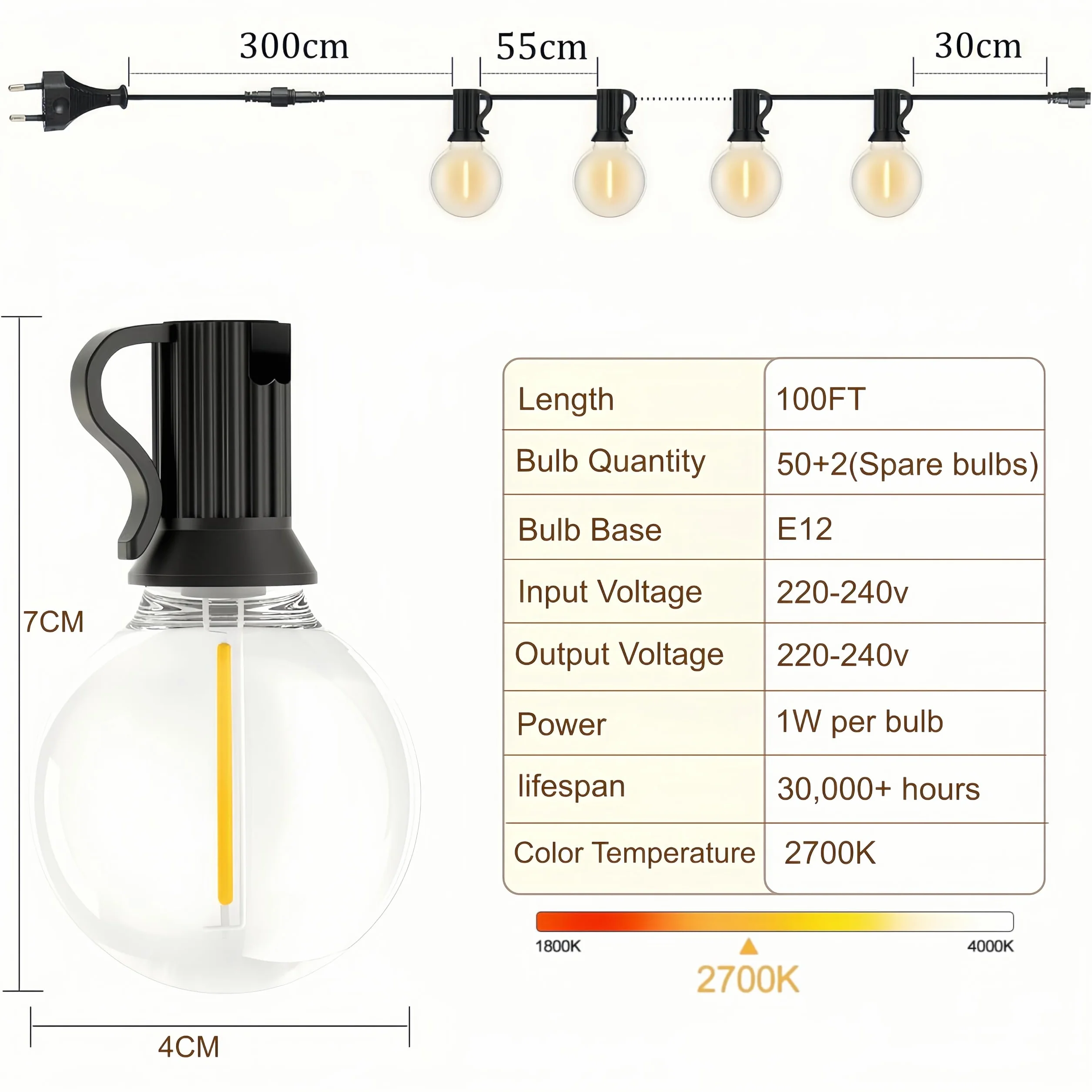 Guirnalda Luces Exterior 30M IP45 Impermeable Led 2700K Blanco Cálido Jardín Patio