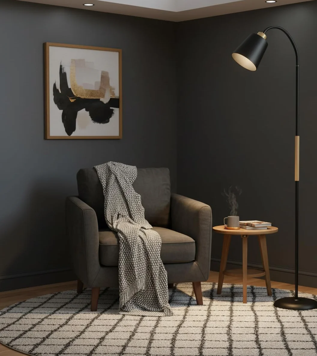 Lámpara de Pie SWEDEN Metal Madera 150cm Acabado Mate Brazo Orientable E27 Iluminación Escandinava Negro