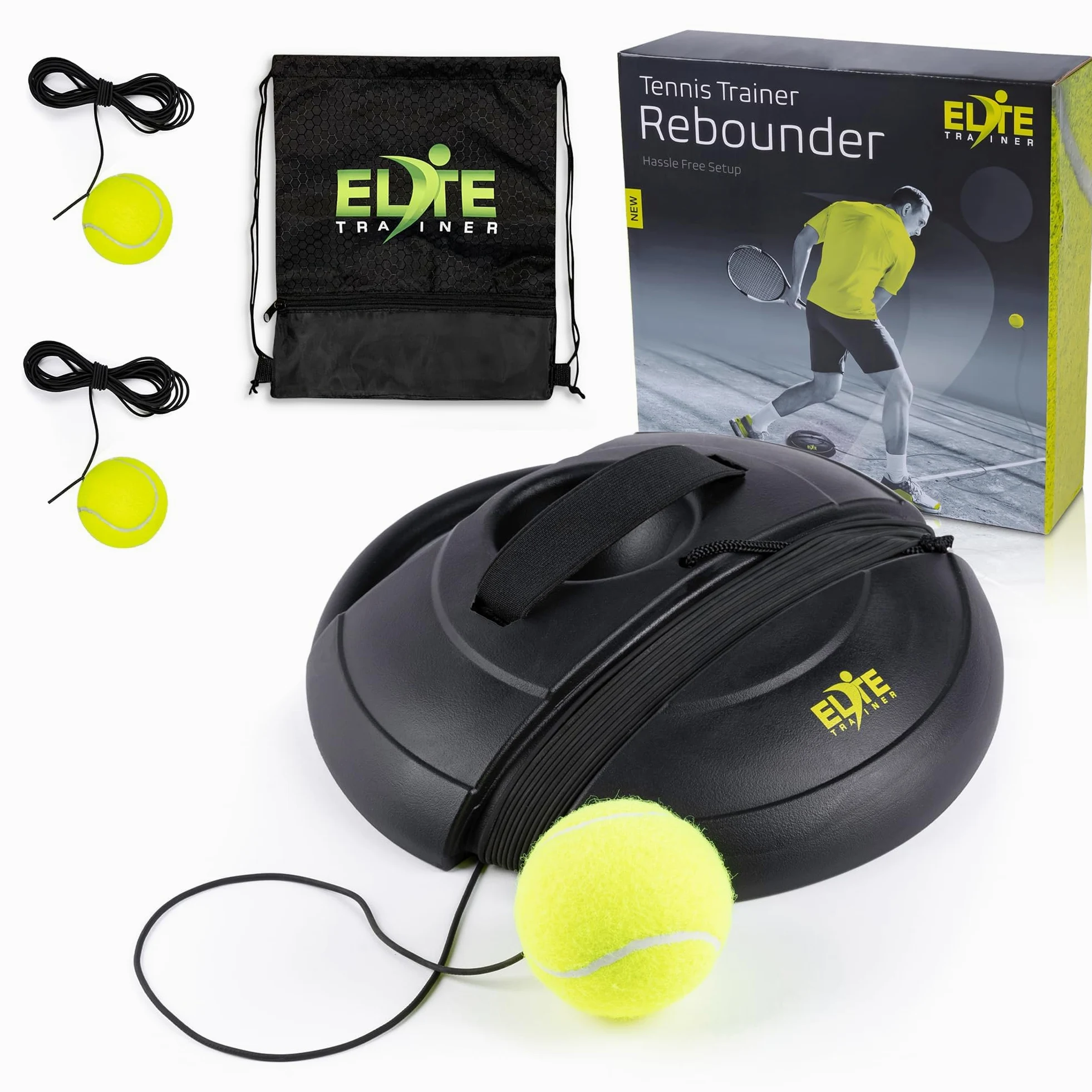 Elite Trainer - Juego de pelotas de rebote para tenis, base de potencia resistente, no requiere relleno, viene con pelota extra, cuerda larga y bolsa de malla personalizada, equipo de entrenamiento