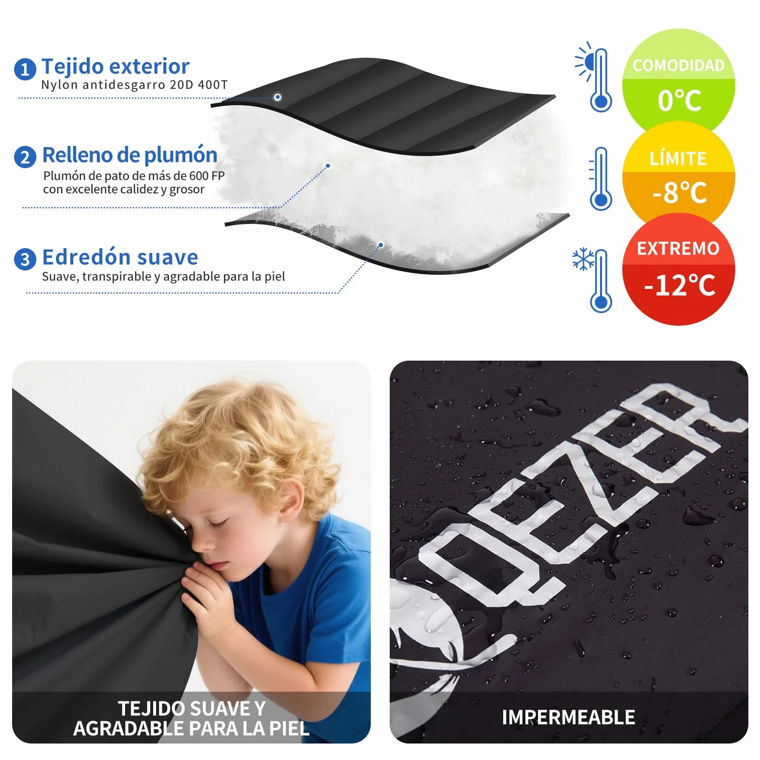 [Plumón] Saco de Dormir 0 Grados [-28℃~8℃] Saco de Dormir de Invierno 1kg/1.5kg Relleno de plumón - Adultos y niños-Sleeping Bag para Camping, Senderismo y Acampada