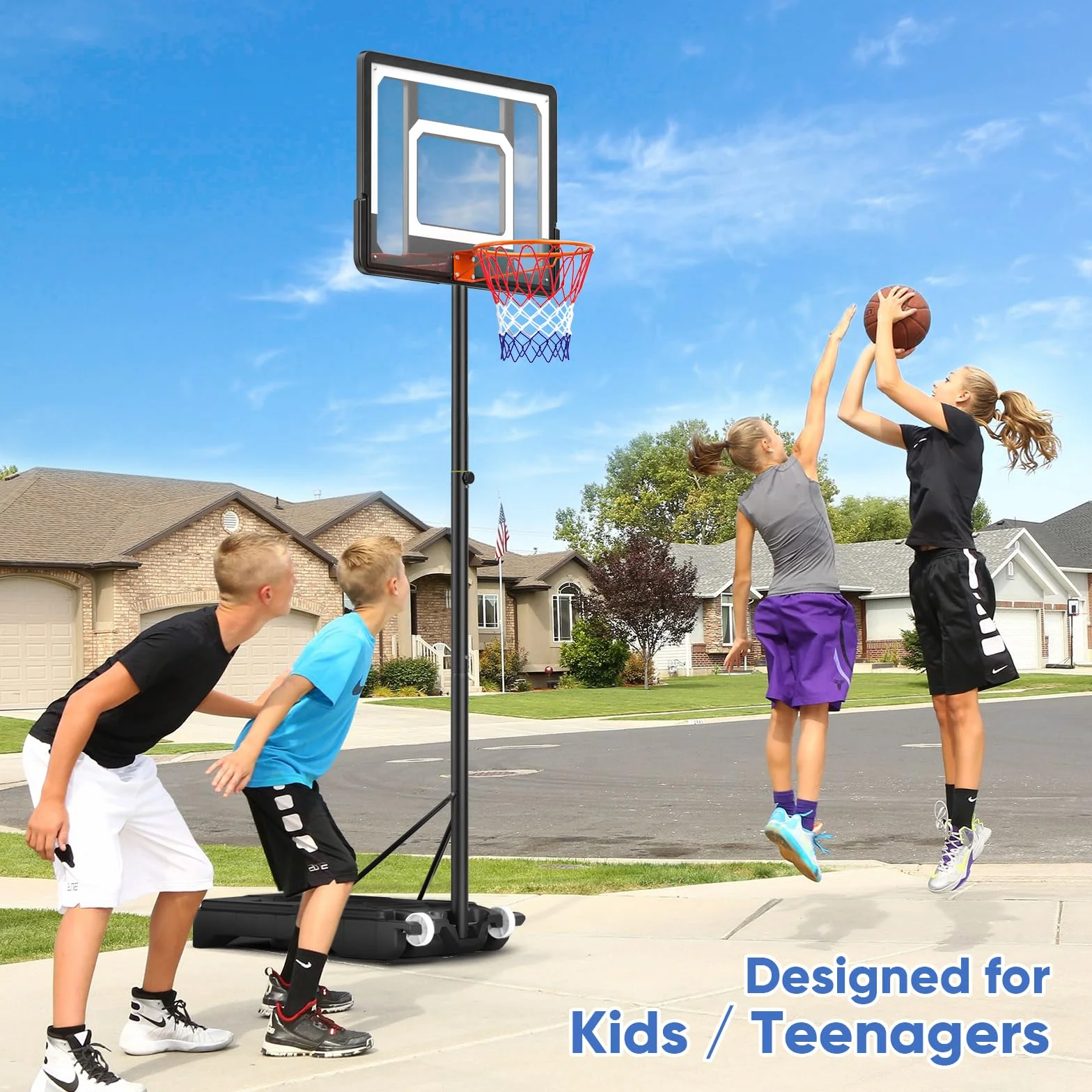 Canasta de Baloncesto, Altura de la Canasta de 128 a 305 cm, Soporte de Baloncesto con Tablero de 111x72cm, Adecuada para Adultos y niños