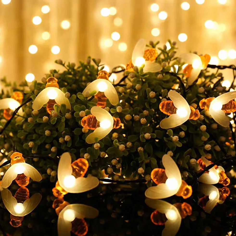 Augone Guirlande Lumineuse Solaire Extérieur 50 LED Abeille 7M 8 Modes Éclairage Étanche IP65 Blanc Chaud