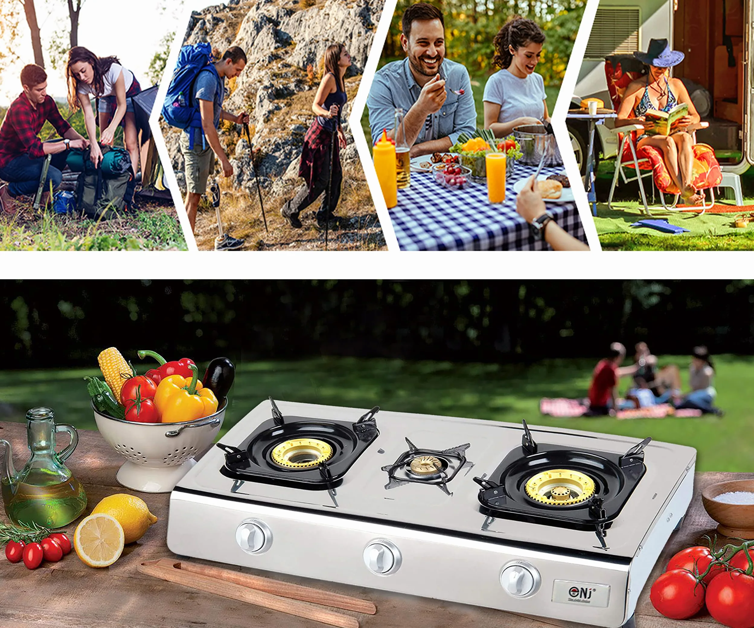 NJ Hornillo de Gas, NGB-300 - Camping Gas de 3 Fuegos para Exterior – Hornillo de Gas para Wok - Cocina Portátil de Gas GLP con Tecnología Eficiente y Encendido Automático, Acero Inoxidable – 8,0 kW