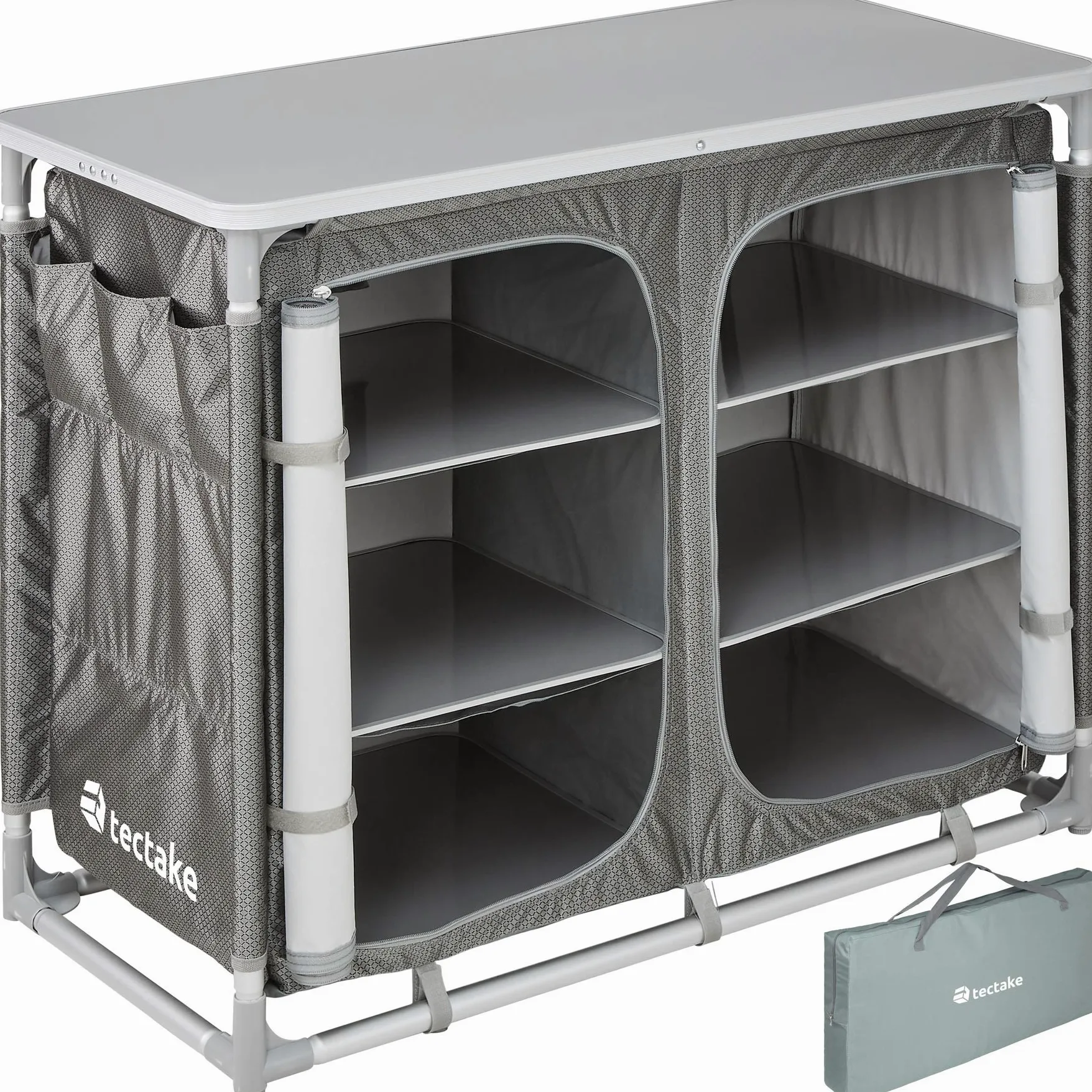 tectake® Cocina de Camping Plegable, Ligera, con Bolsa de Transporte, Accesorios de Cocina, Mesa Plegable, Armario Mueble, Mesa, Estructura de Aluminio - Gris