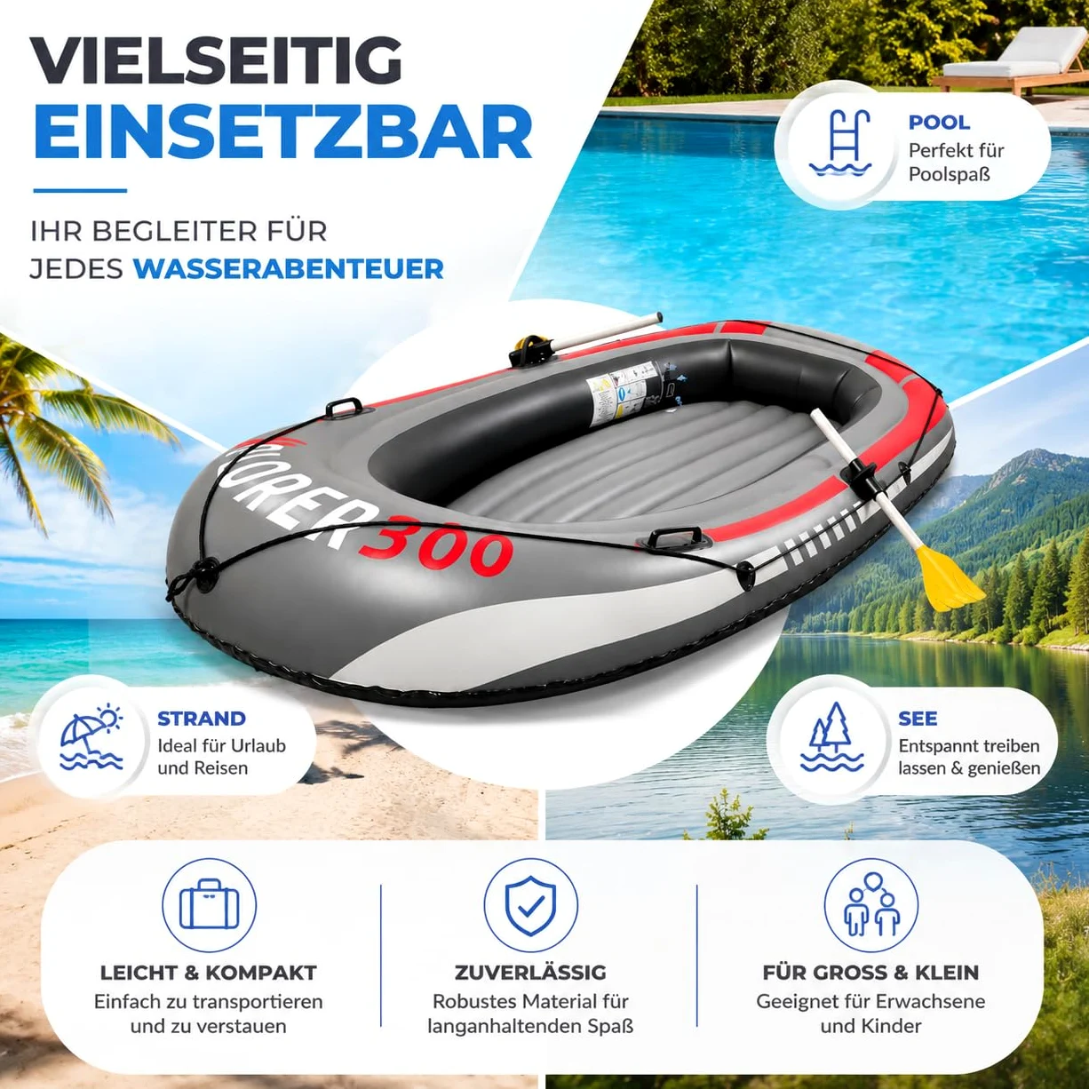 Bote inflable de 220 x 110 cm, para niños y adultos con pádel y cuerdas, barco inflable, bote de remo y bote de remos