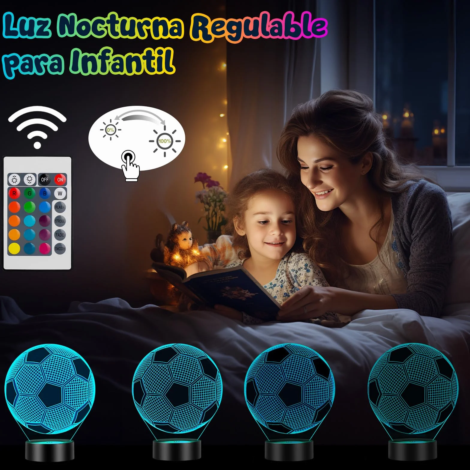 Linkax Luz Nocturna 3D Fútbol Infantil LED 16 Colores Control Remoto Táctil