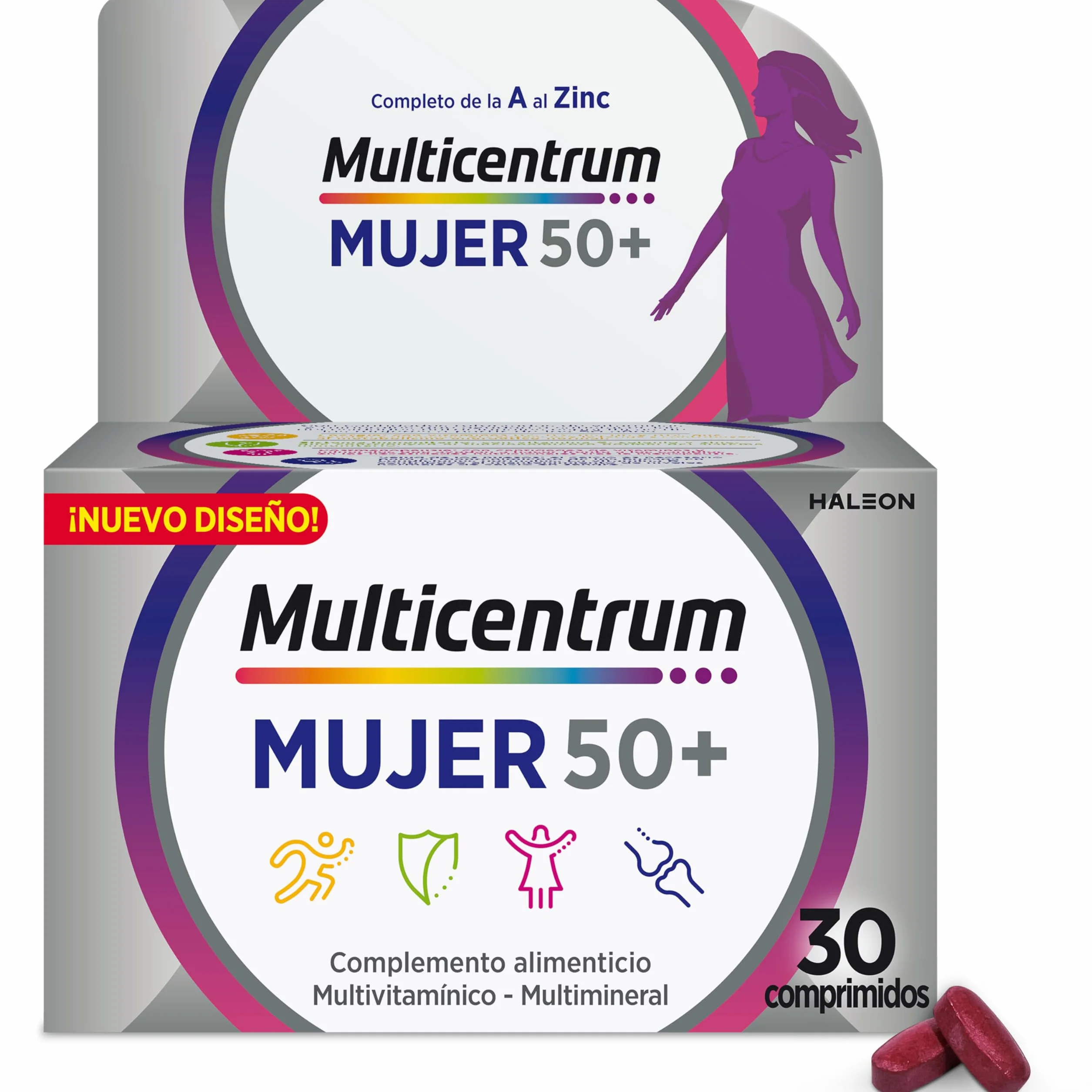 Multicentrum Mujer 50+ Complemento Alimenticio Multivitamínico y Multimineral con Vitamina C y Zinc, 30 Comprimidos