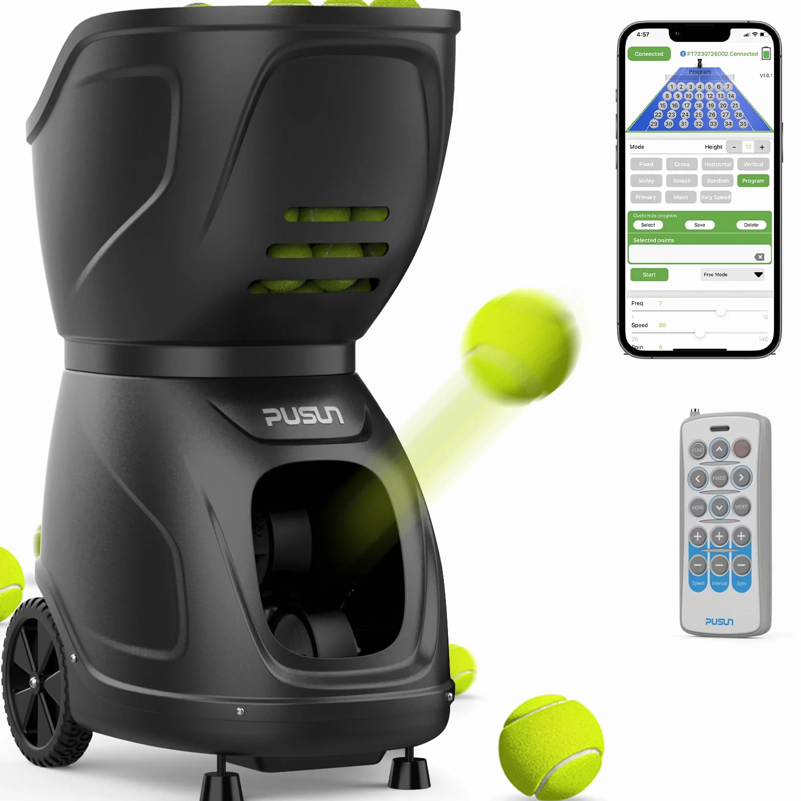 Máquina de pelotas de tenis PT-9001 Pro, lanzador 12-87 MPH, giro superior/trasero/lateral