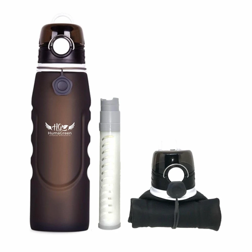 Botella filtrante Humagreen - Filtro de agua portátil reutilizable potabilizadoras de agua para viaje, senderismo, camping, supervivencia, kit purificador ligero y duradero (negro)