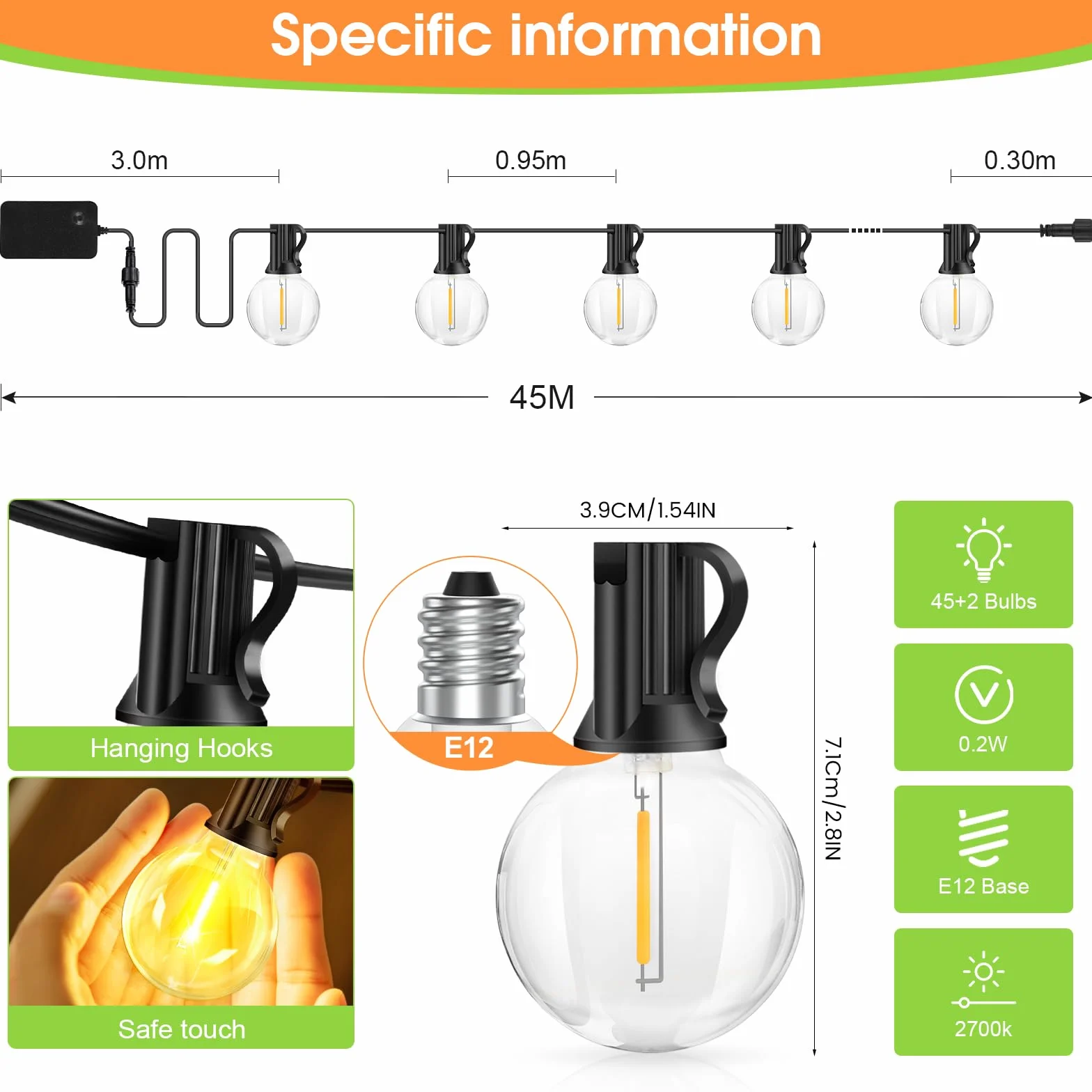 Guirnaldas Luces Exterior G40 45+2 Bombillas LED Blanco Cálido Dimmable Impermeable IP44 para Jardín Terraza