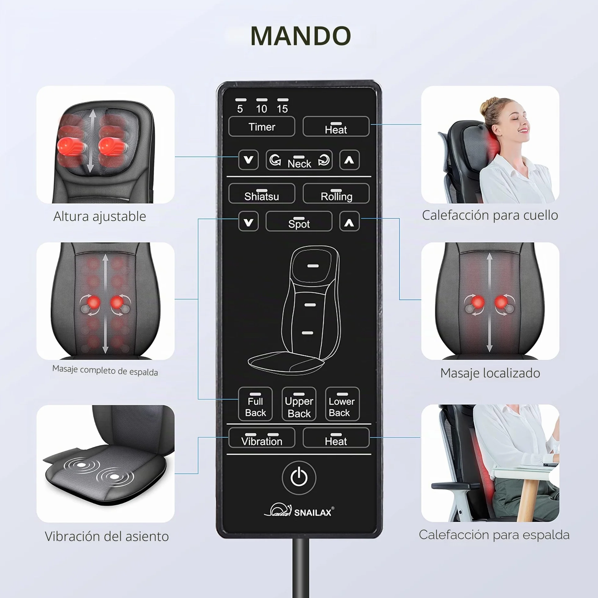 Snailax Shiatsu Asiento de Masaje con Calor, Almohada Masaje de Espalda y Cuello, Masajeador de Espalda con Vibración para Oficina en el Hogar