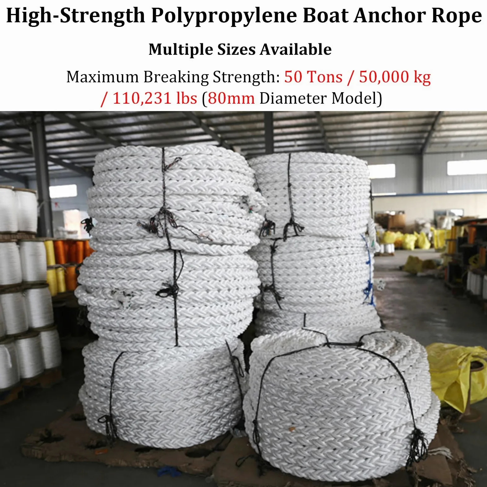 Cuerda de anclaje de polipropileno de 10 m, línea de muelle trenzada para barcos, veleros, líneas de muelle resistentes, grandes buques de carga (65 mm, 33T) - Fuerte y duradera
